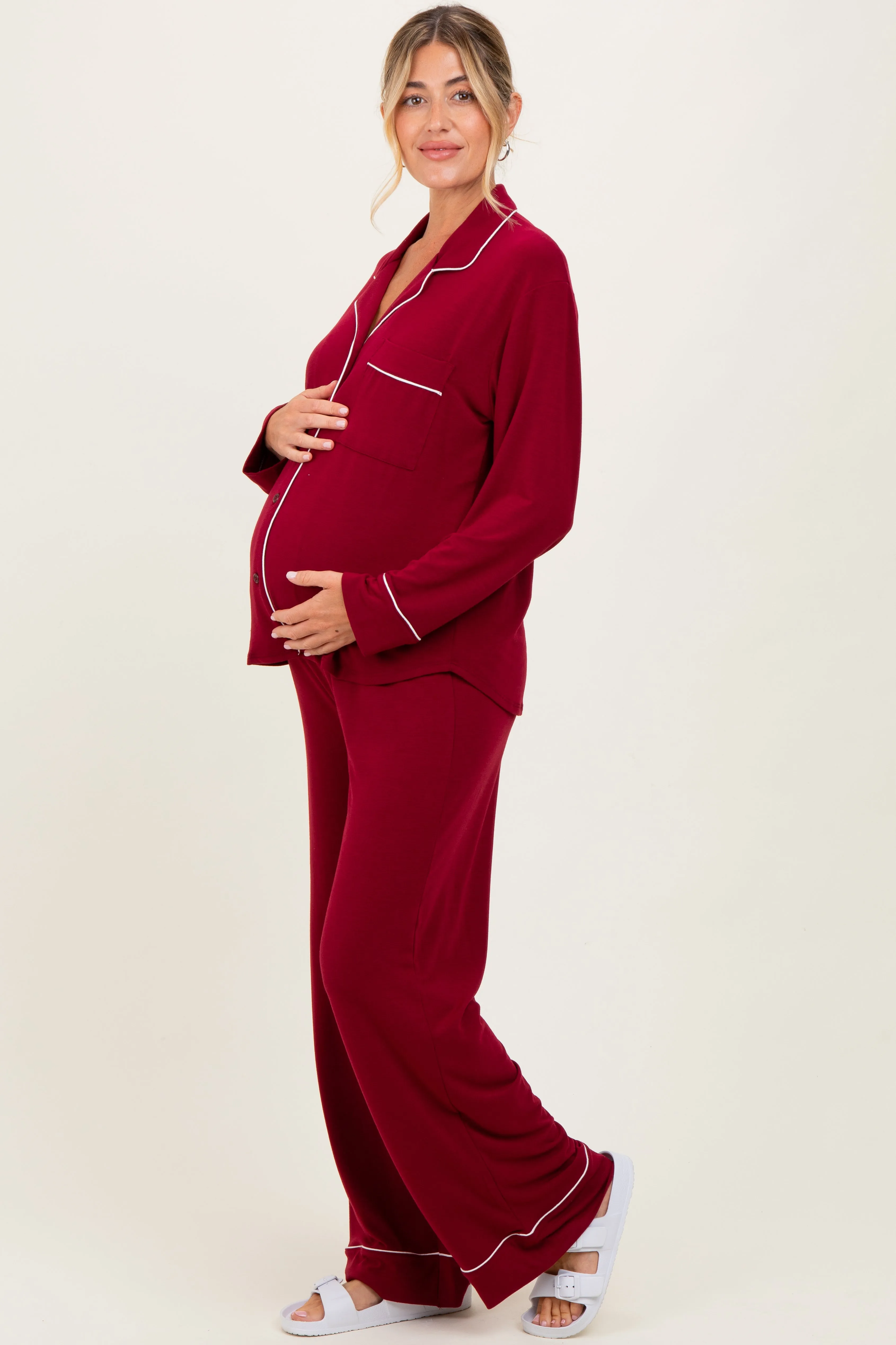 Burgundy Button Down Top Wide Leg Pant Maternity Pajama Set sold by Pinkblush product image thumbnail 2