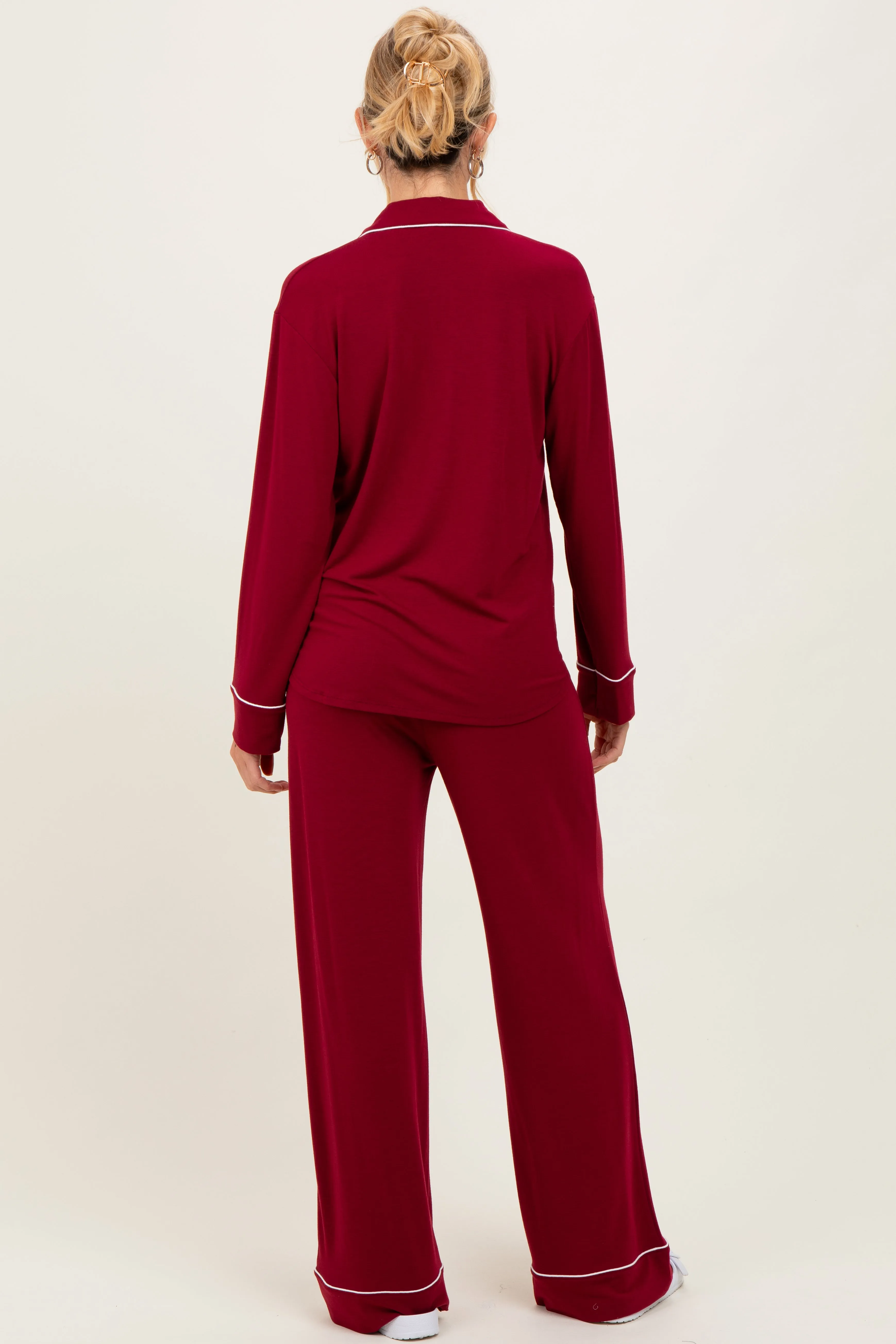 Burgundy Button Down Top Wide Leg Pant Maternity Pajama Set sold by Pinkblush product image thumbnail 3