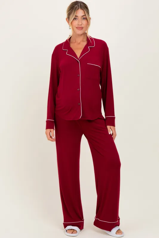Burgundy Button Down Top Wide Leg Pant Maternity Pajama Set sold by Pinkblush
