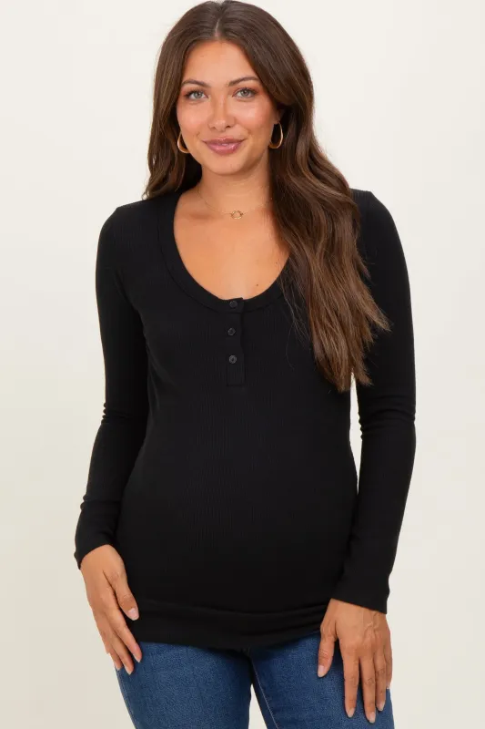Black Ribbed Long Sleeve Maternity Henley Top sold by Pinkblush