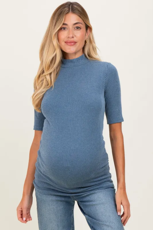 Denim Blue Soft Brushed Knit Mock Neck Maternity Top sold by Pinkblush