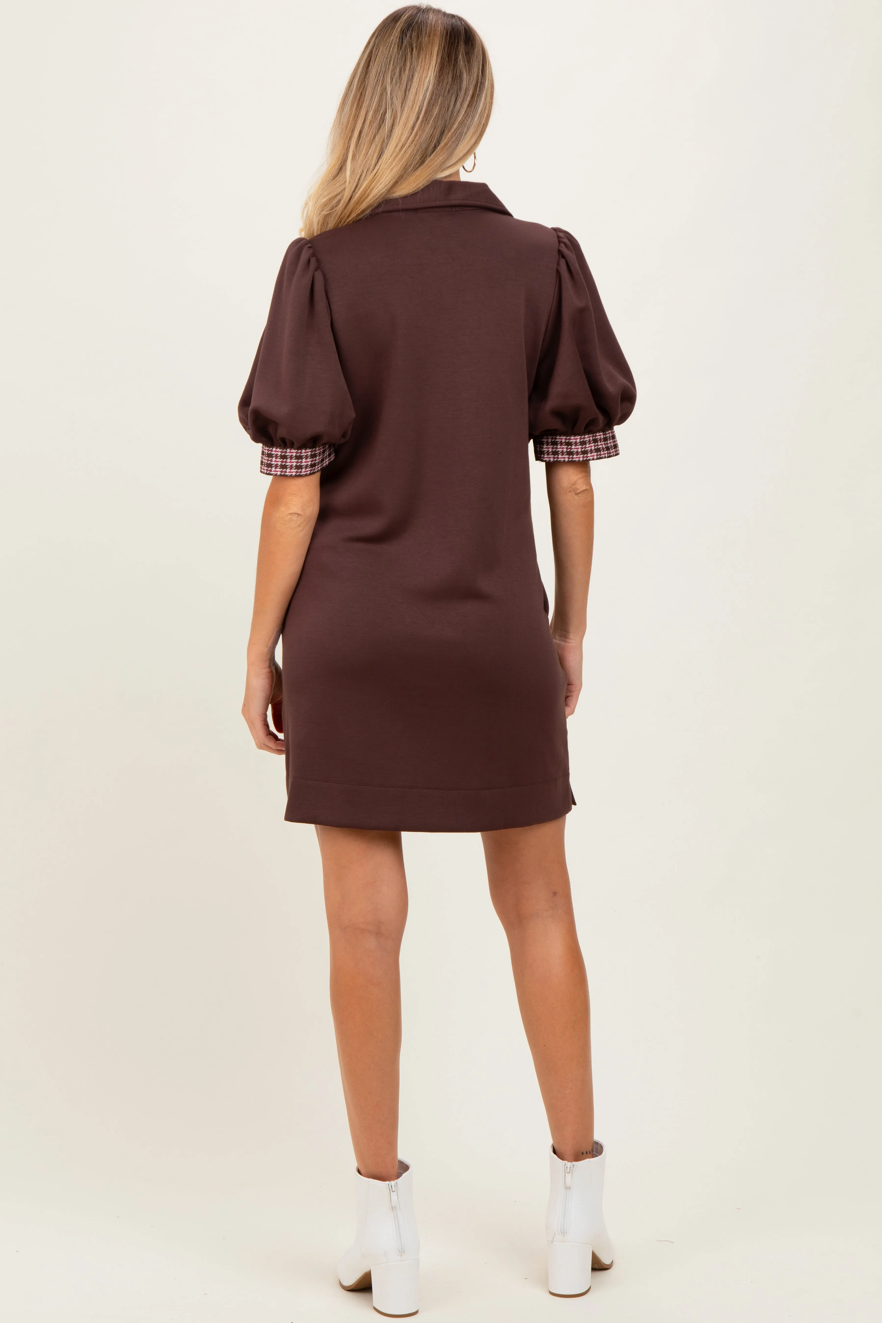 Brown Plaid Accent Puff Sleeve Maternity Mini Dress sold by Pinkblush product image thumbnail 4