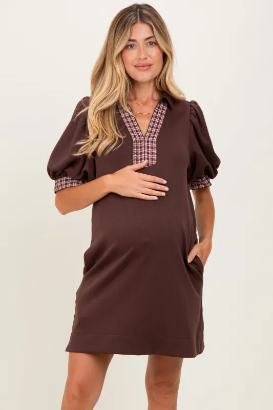 Brown Plaid Accent Puff Sleeve Maternity Mini Dress sold by Pinkblush