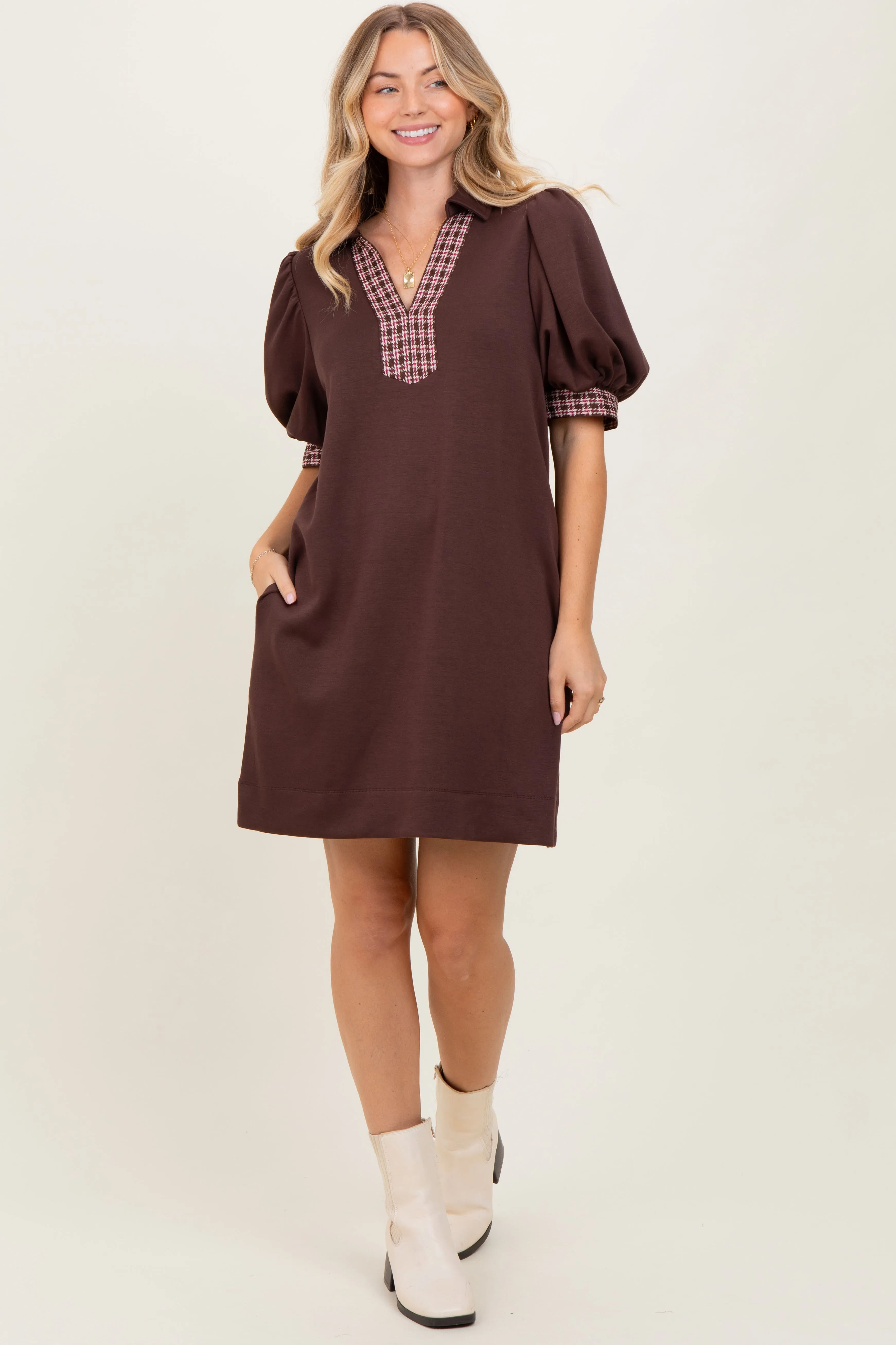 Brown Plaid Accent Puff Sleeve Maternity Mini Dress sold by Pinkblush product image thumbnail 5