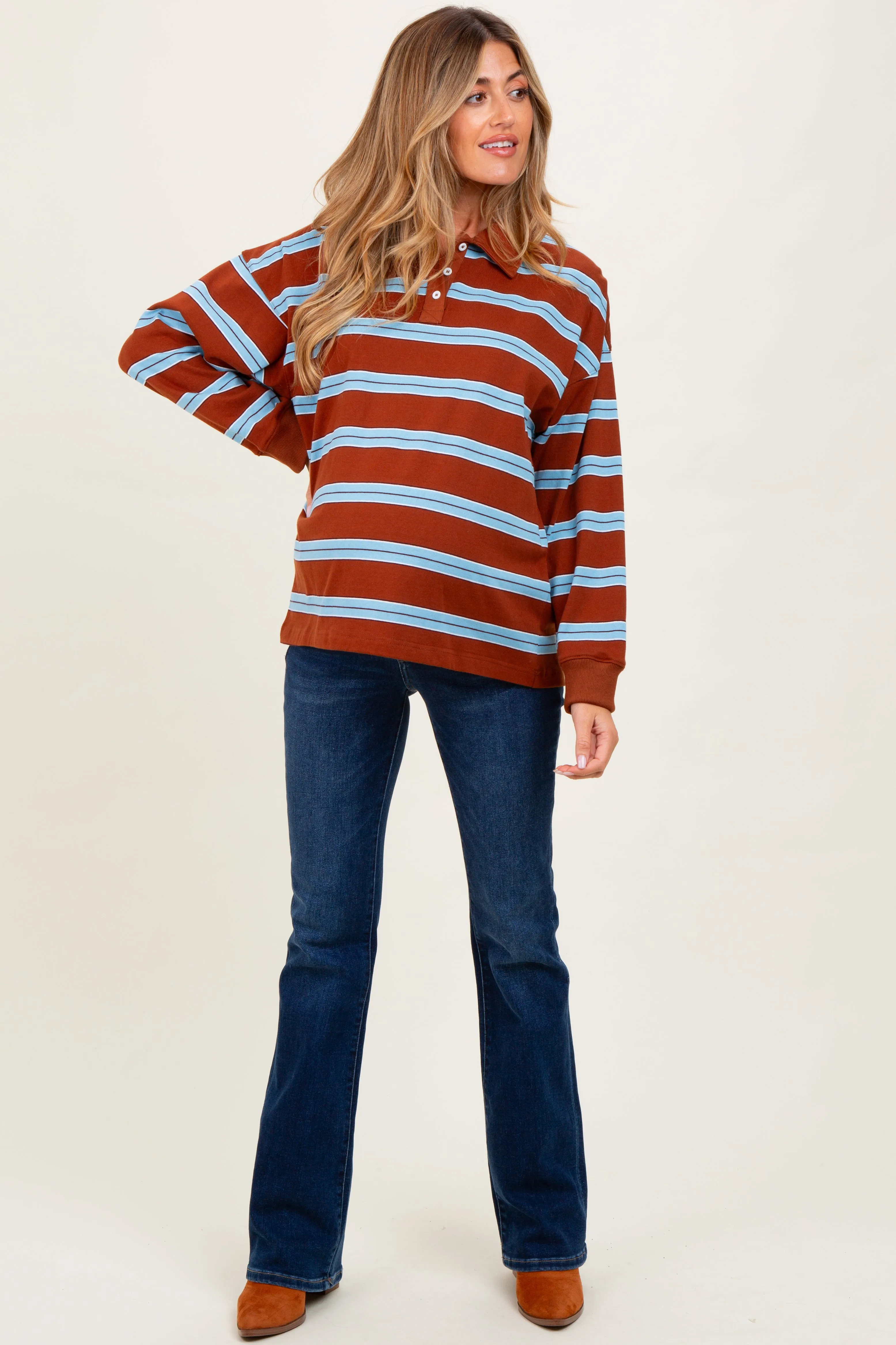 Brown Striped Oversized Long Sleeve Maternity Polo Top sold by Pinkblush product image thumbnail 2