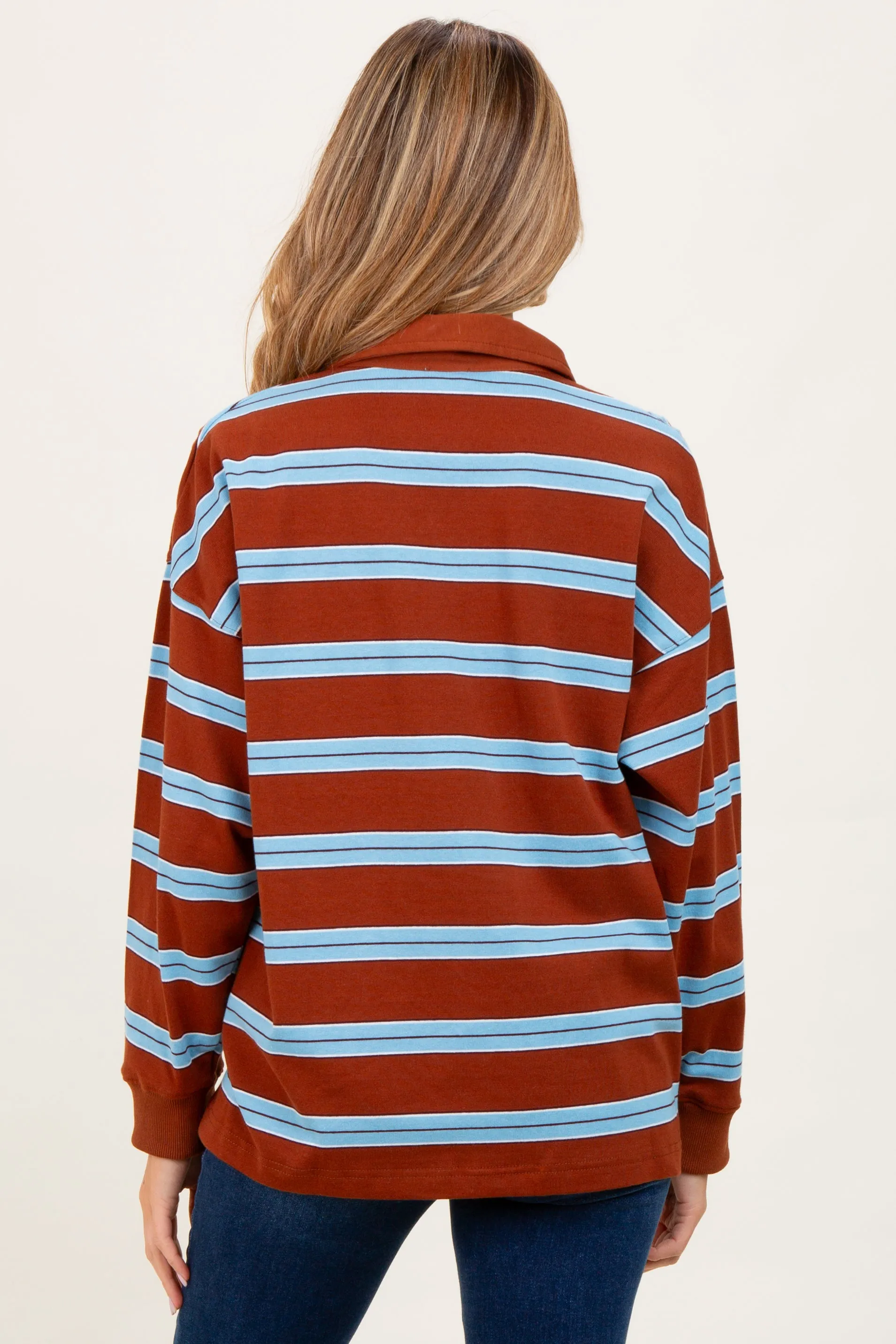 Brown Striped Oversized Long Sleeve Maternity Polo Top sold by Pinkblush product image thumbnail 3