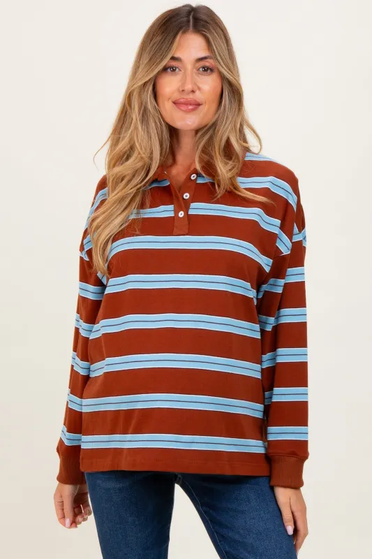 Brown Striped Oversized Long Sleeve Maternity Polo Top made by Le Lis