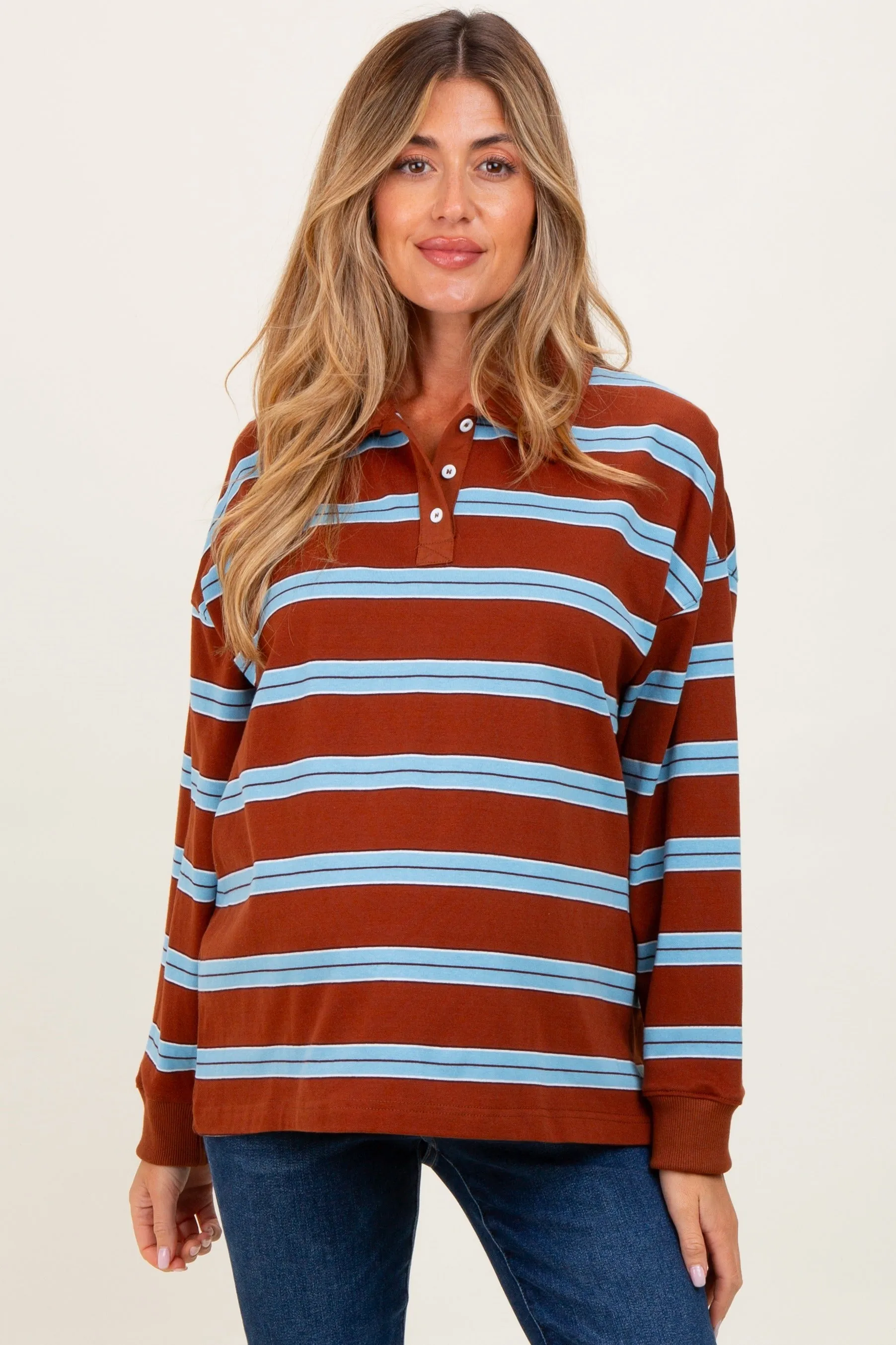 Brown Striped Oversized Long Sleeve Maternity Polo Top sold by Pinkblush