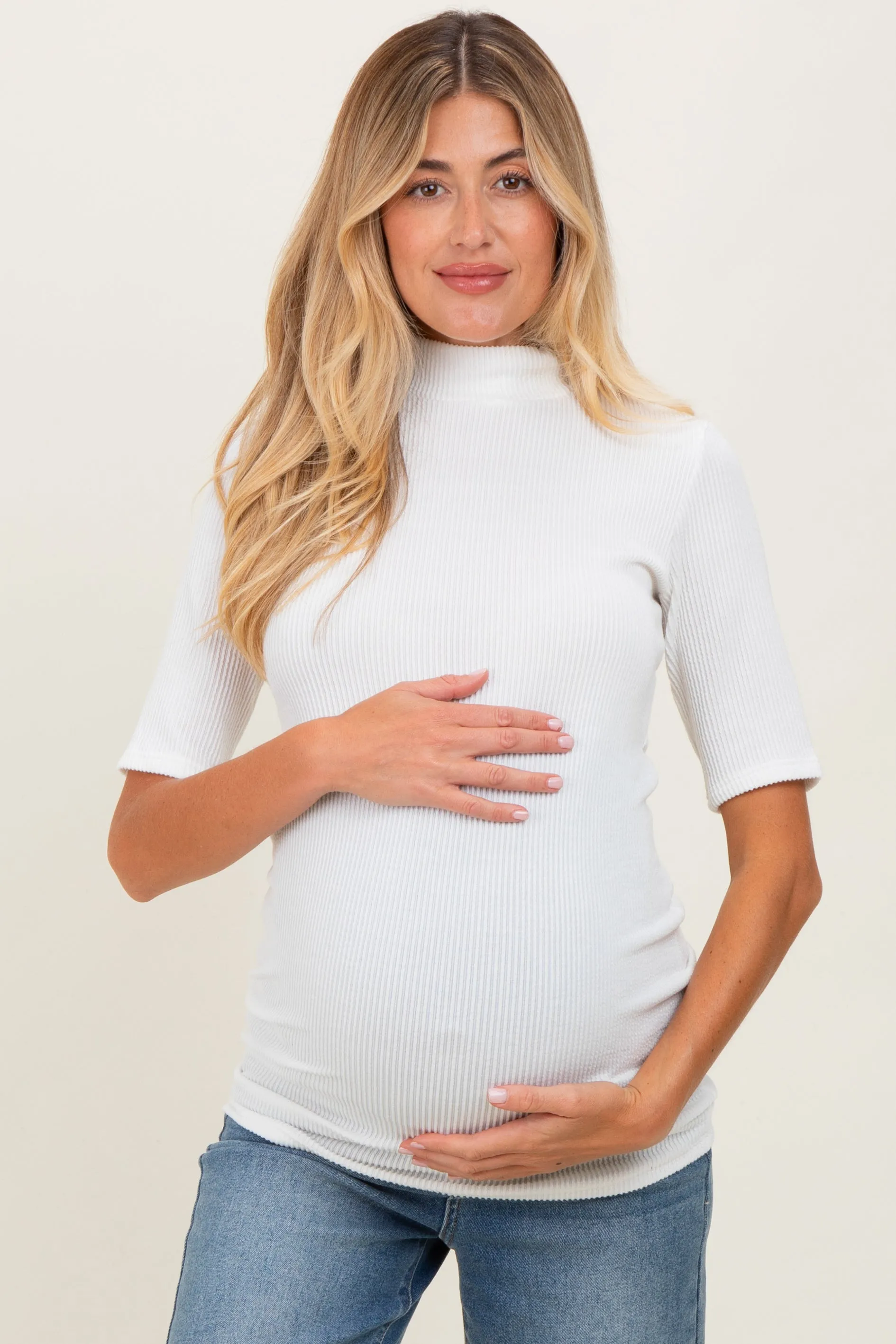 White Soft Brushed Knit Mock Neck Maternity Top sold by Pinkblush