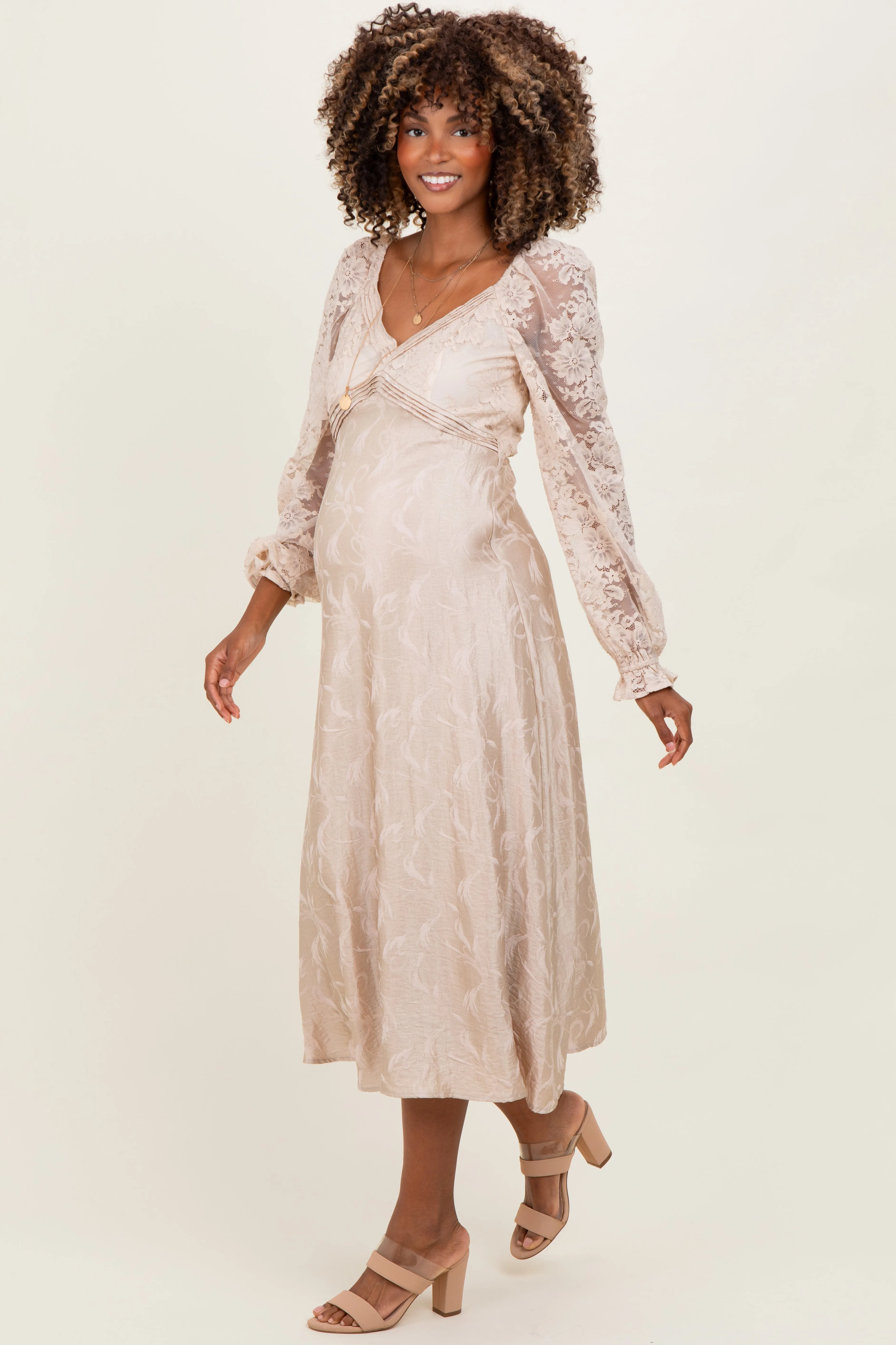 Cream Lace Jacquard Long Sleeve Maternity Midi Dress sold by Pinkblush product image thumbnail 3