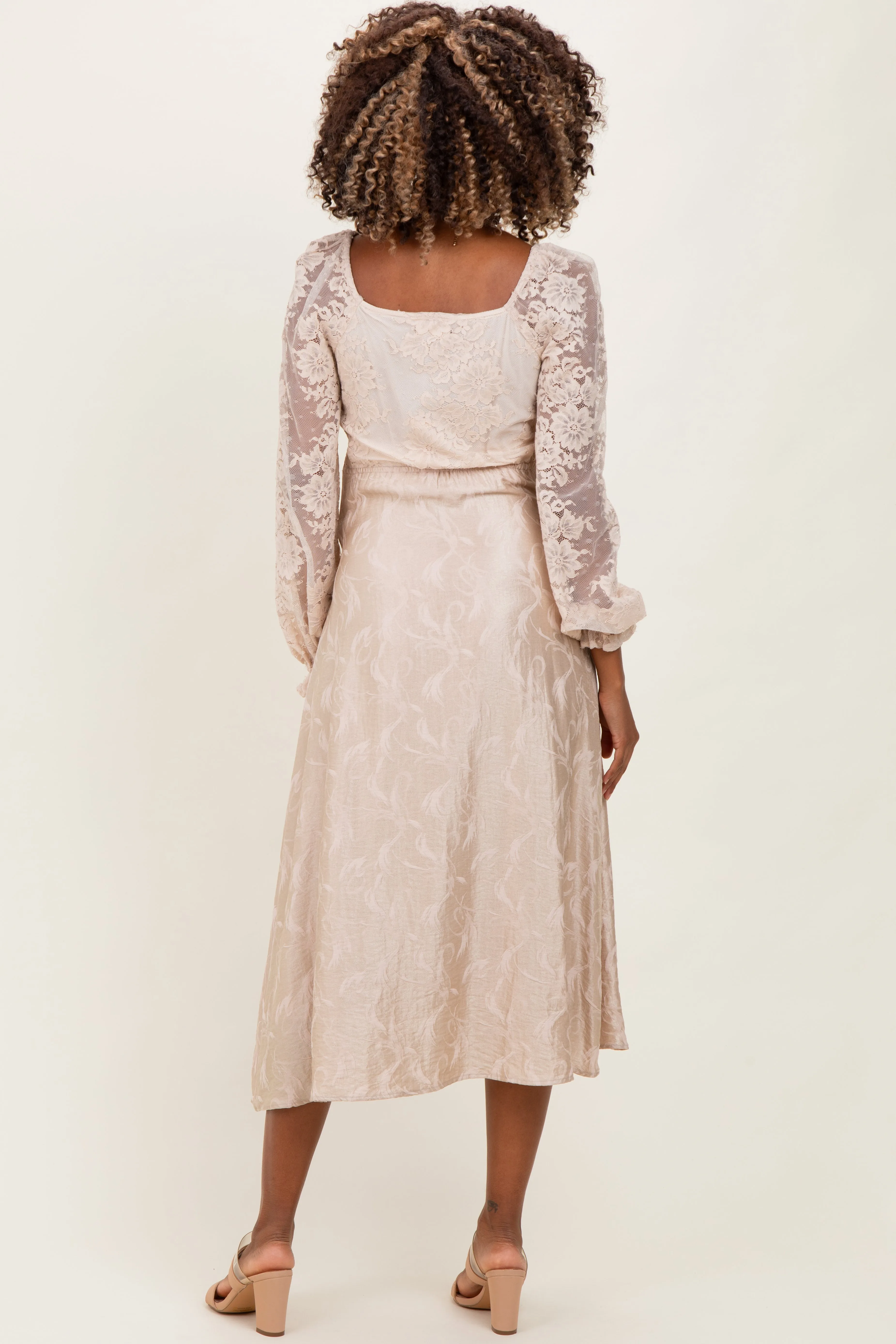 Cream Lace Jacquard Long Sleeve Maternity Midi Dress sold by Pinkblush product image thumbnail 4