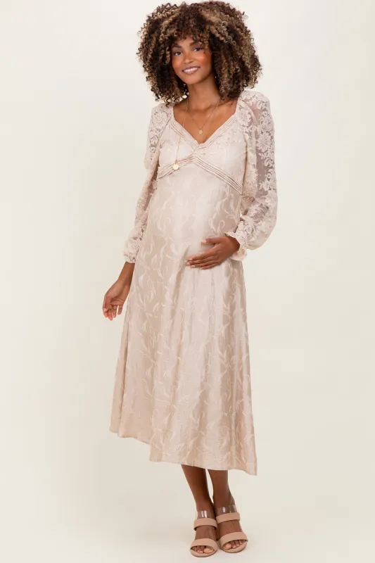 Cream Lace Jacquard Long Sleeve Maternity Midi Dress sold by Pinkblush