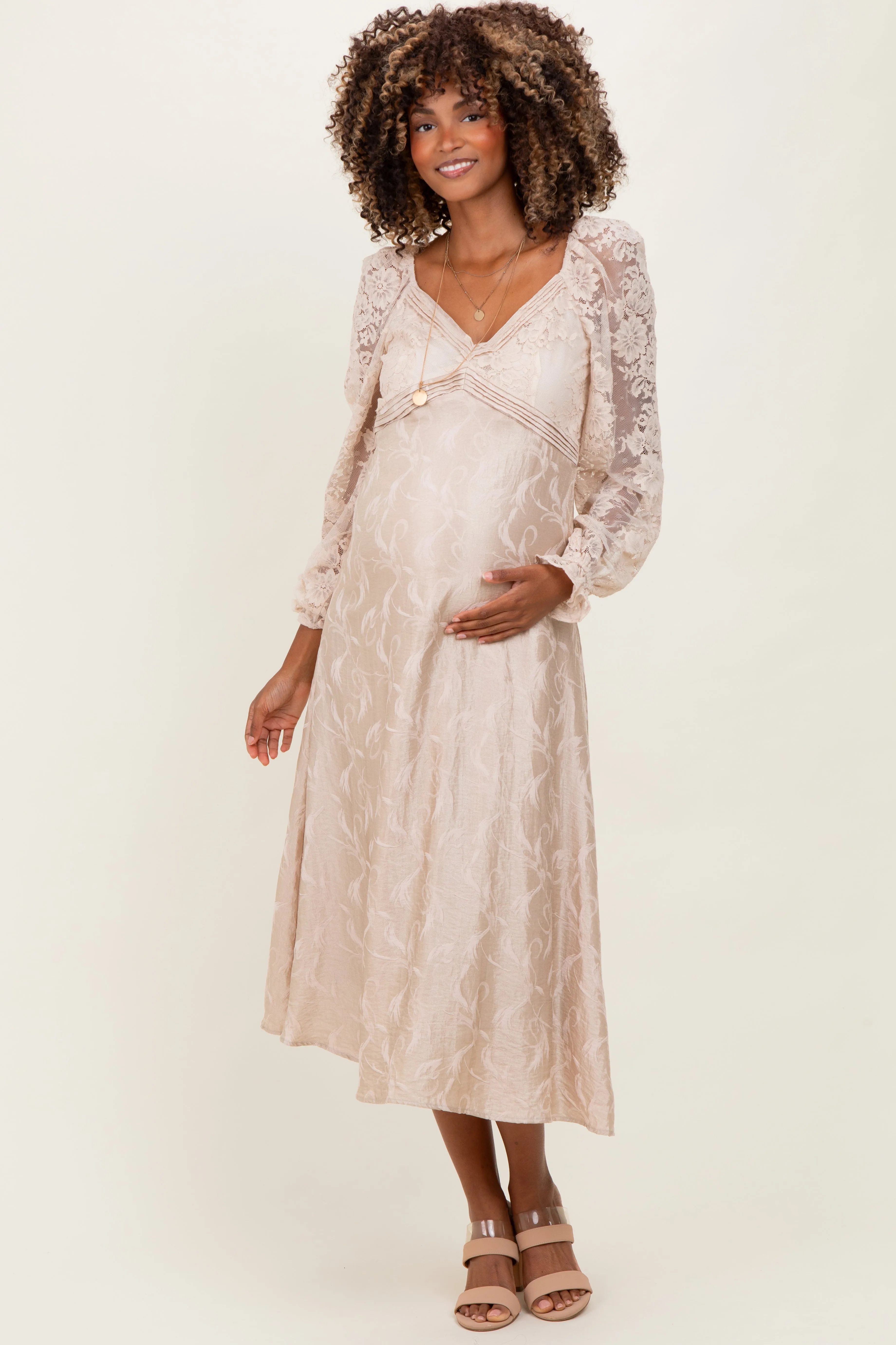 Cream Lace Jacquard Long Sleeve Maternity Midi Dress sold by Pinkblush