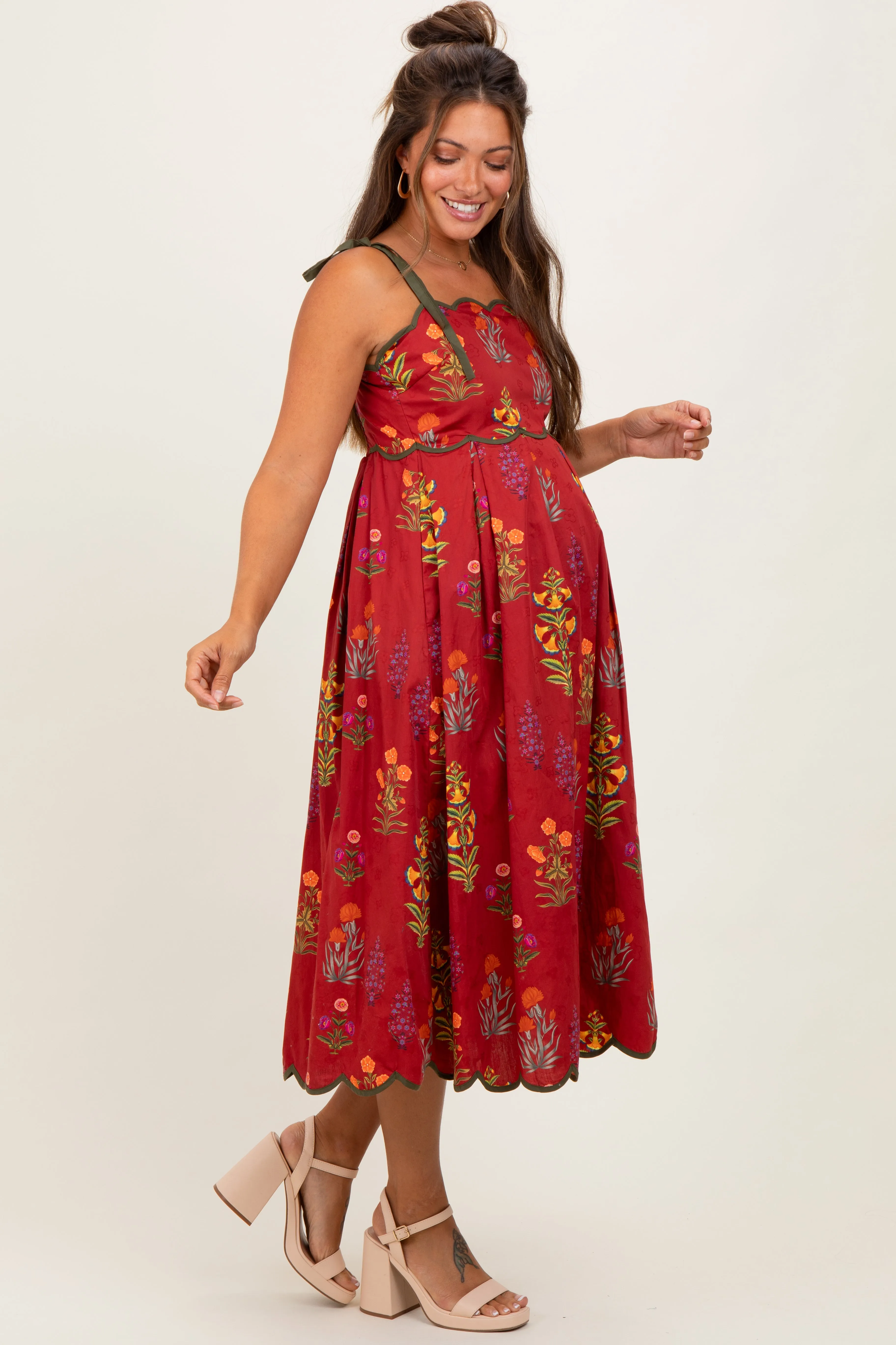Rust Floral Scallop Edge Shoulder Tie Maternity Midi Dress sold by Pinkblush product image thumbnail 3
