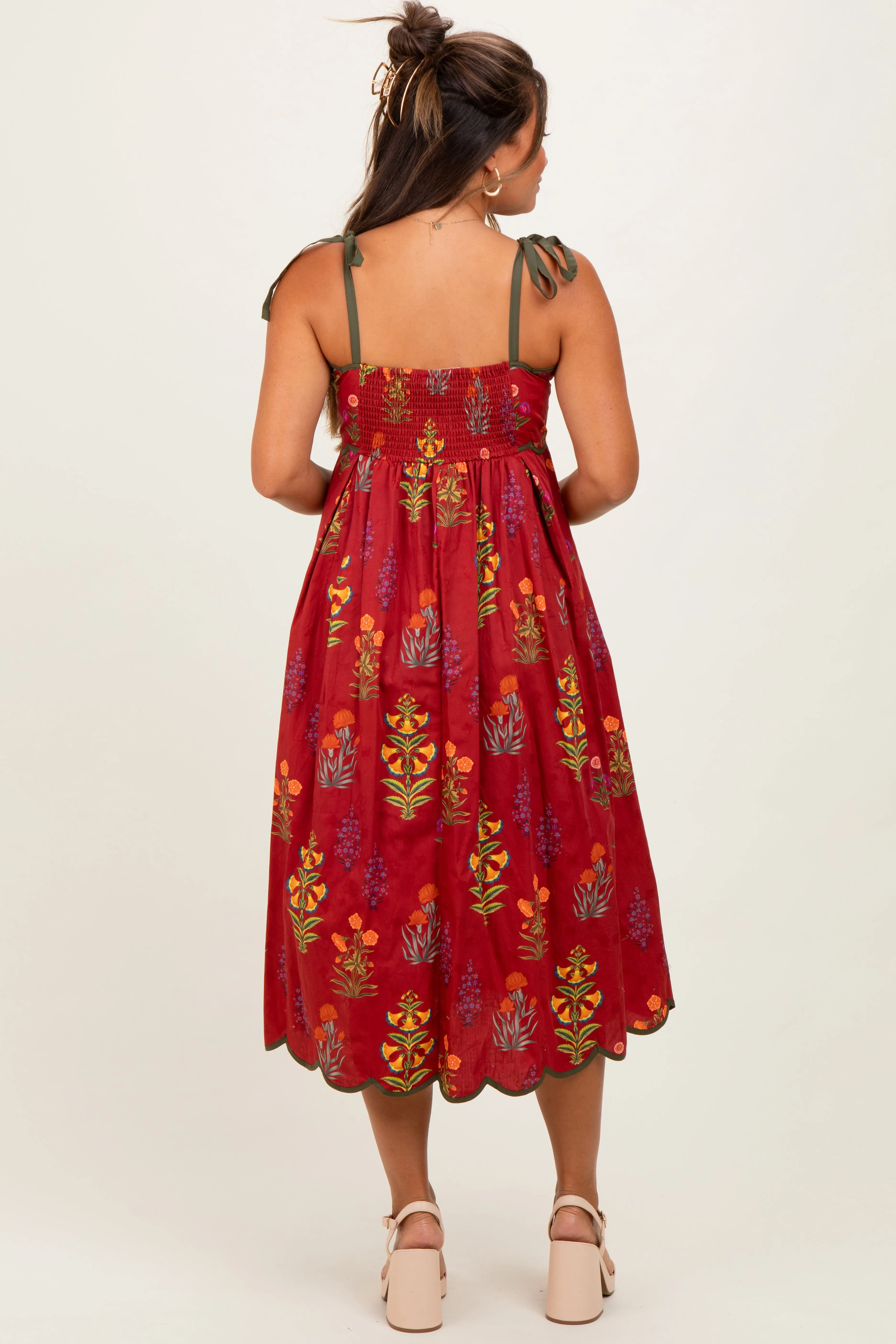 Rust Floral Scallop Edge Shoulder Tie Maternity Midi Dress sold by Pinkblush product image thumbnail 4