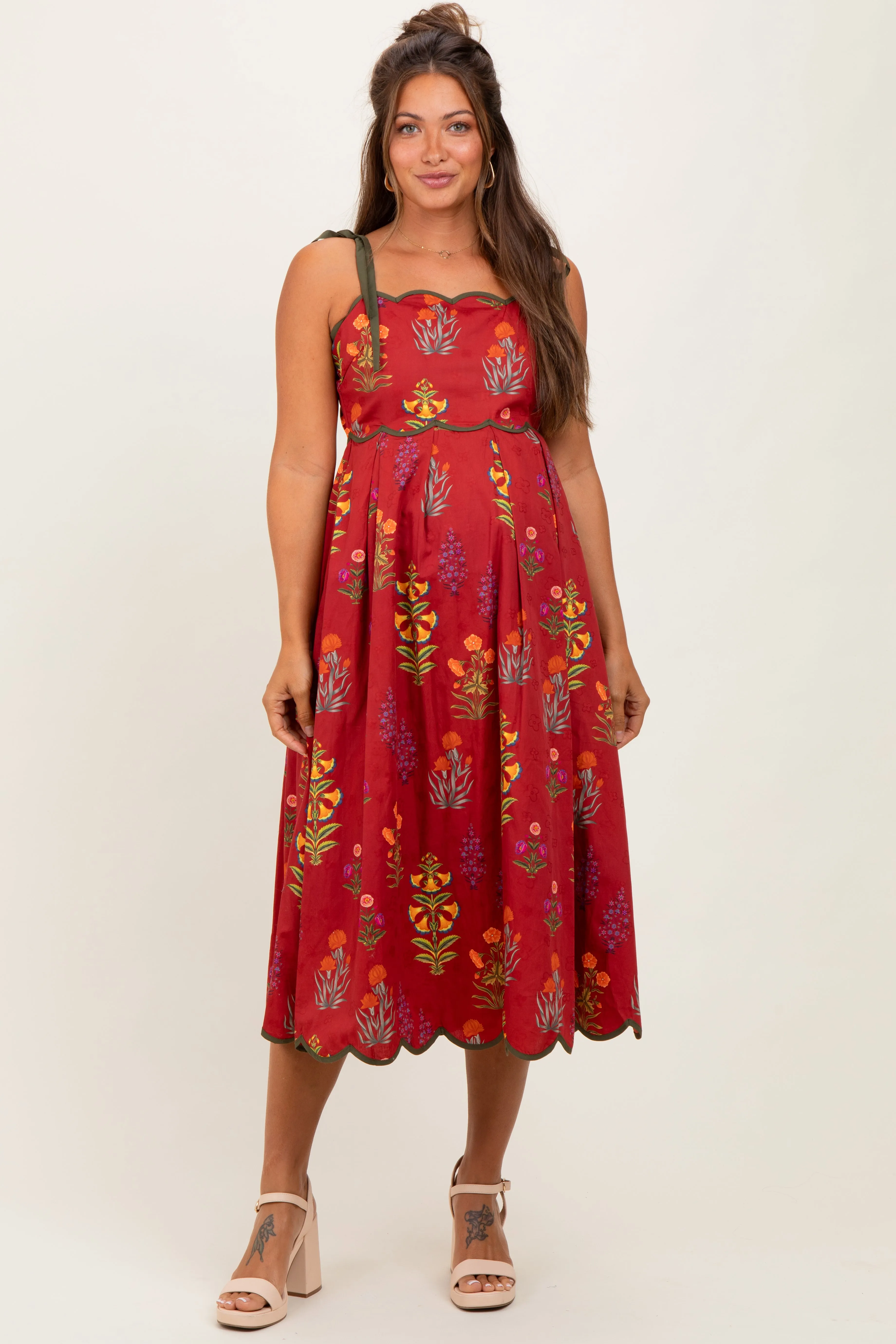 Rust Floral Scallop Edge Shoulder Tie Maternity Midi Dress sold by Pinkblush