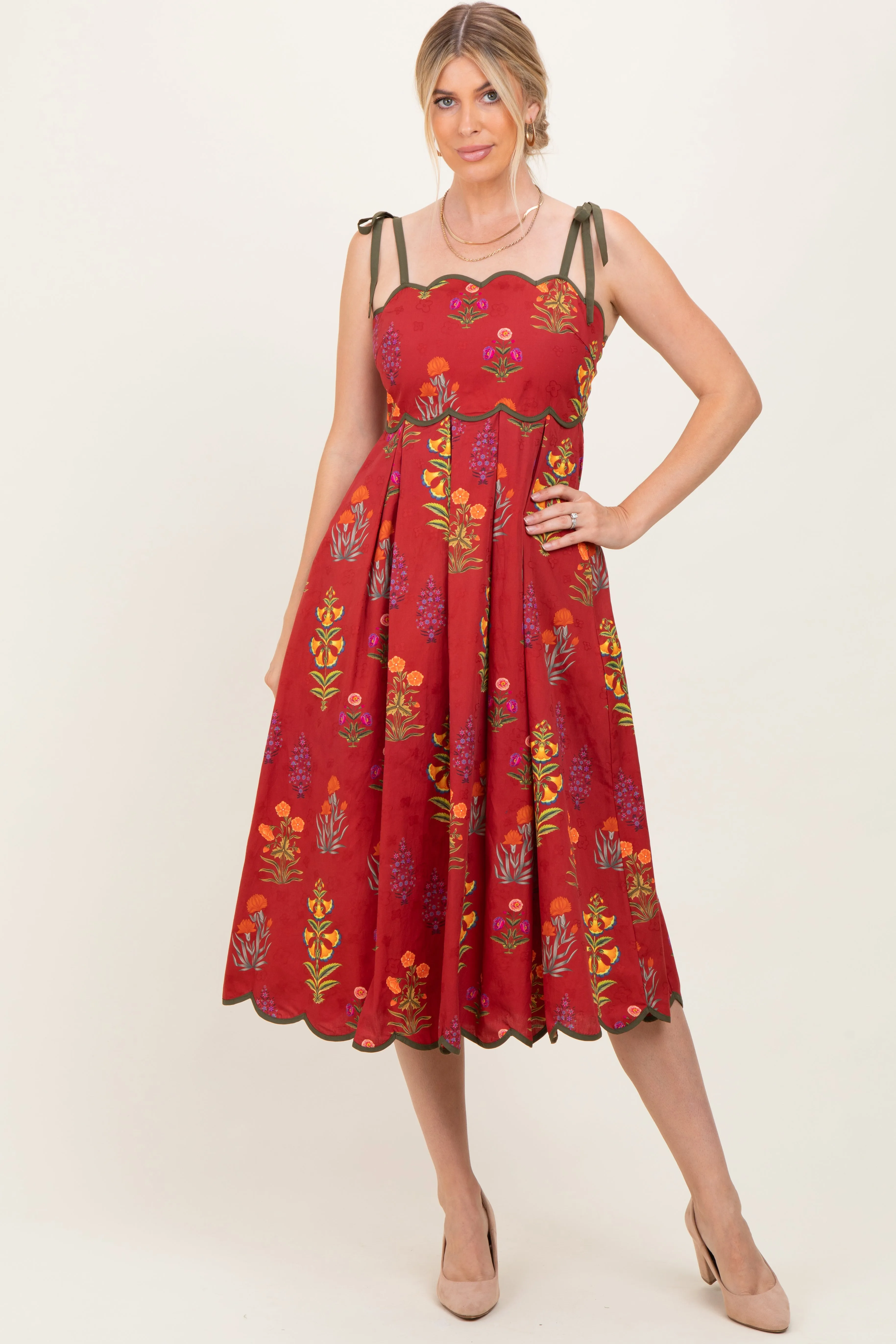 Rust Floral Scallop Edge Shoulder Tie Maternity Midi Dress sold by Pinkblush product image thumbnail 5
