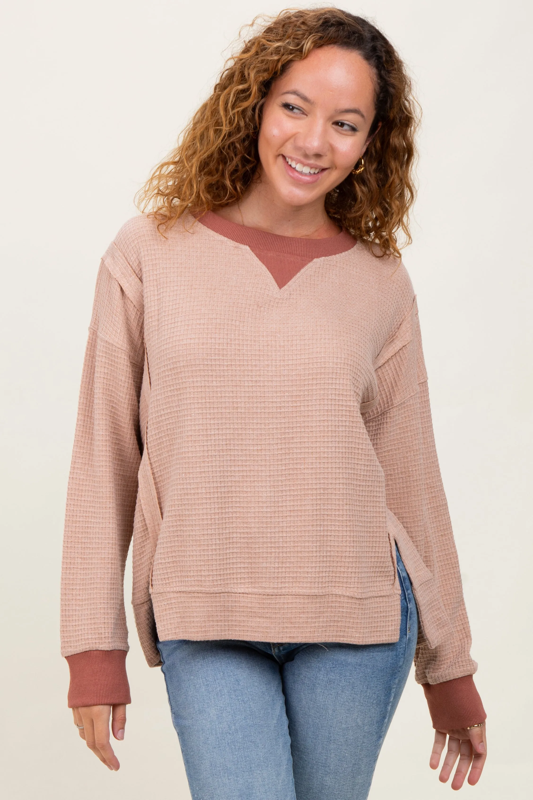 Mocha Oversized Contrast Trim Maternity Thermal Pullover sold by Pinkblush product image thumbnail 4