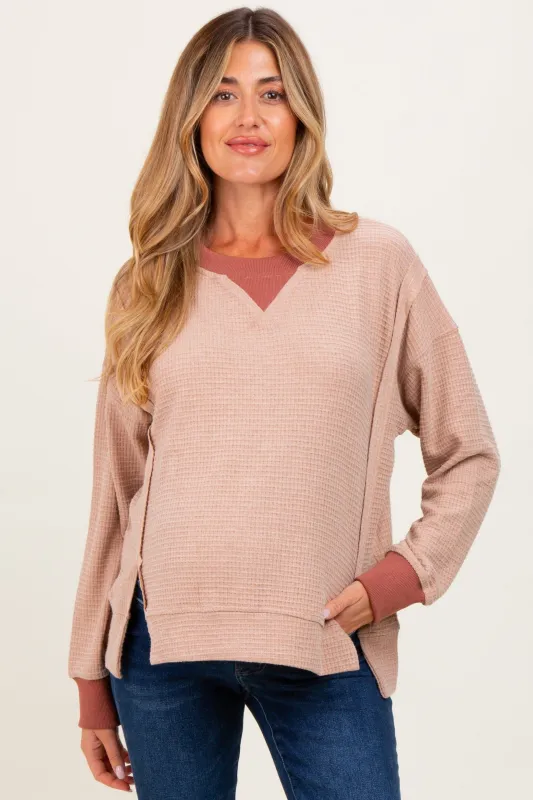 Mocha Oversized Contrast Trim Maternity Thermal Pullover sold by Pinkblush