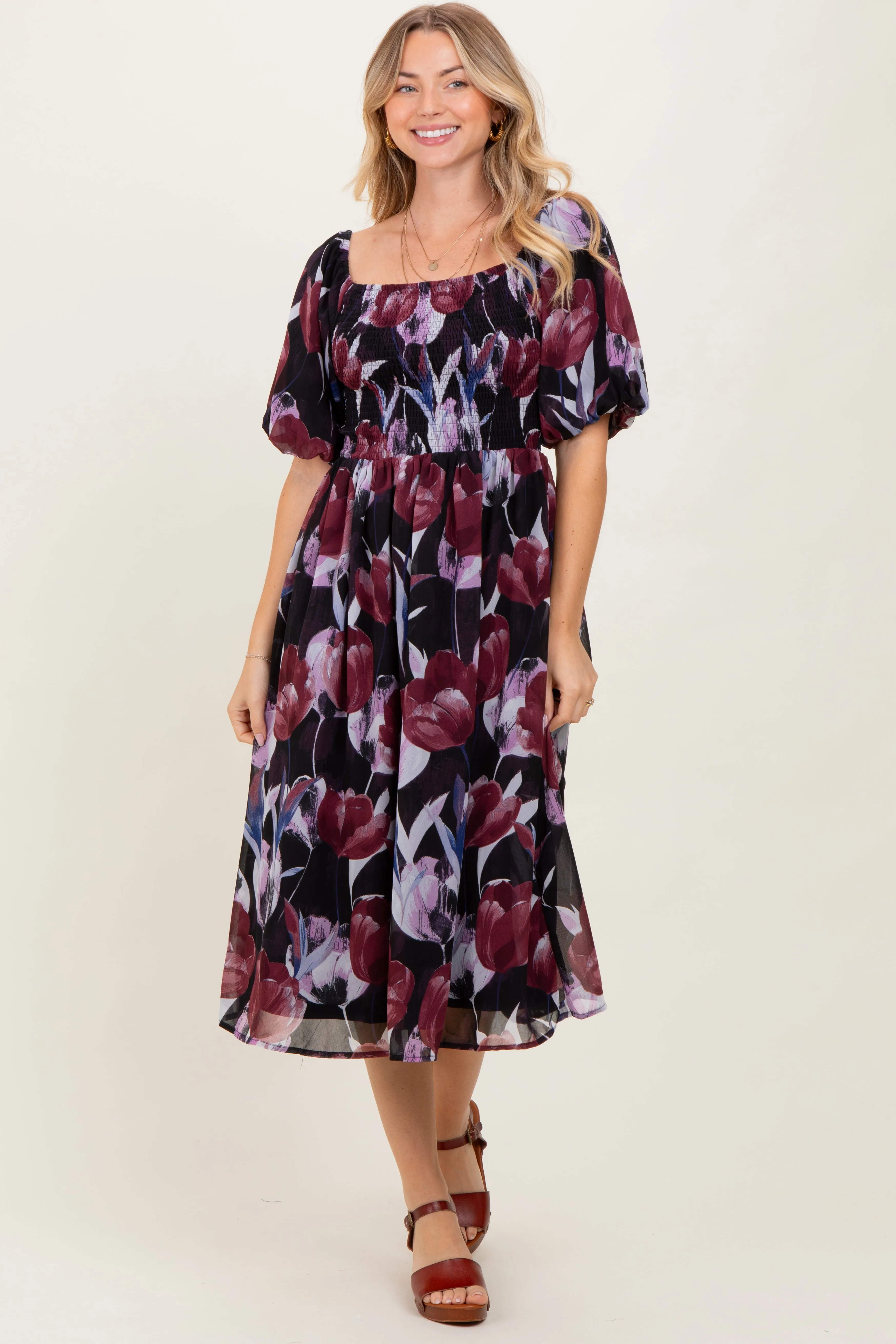 Plum Tulip Floral Smocked Puff Sleeve Maternity Midi Dress sold by Pinkblush product image thumbnail 5