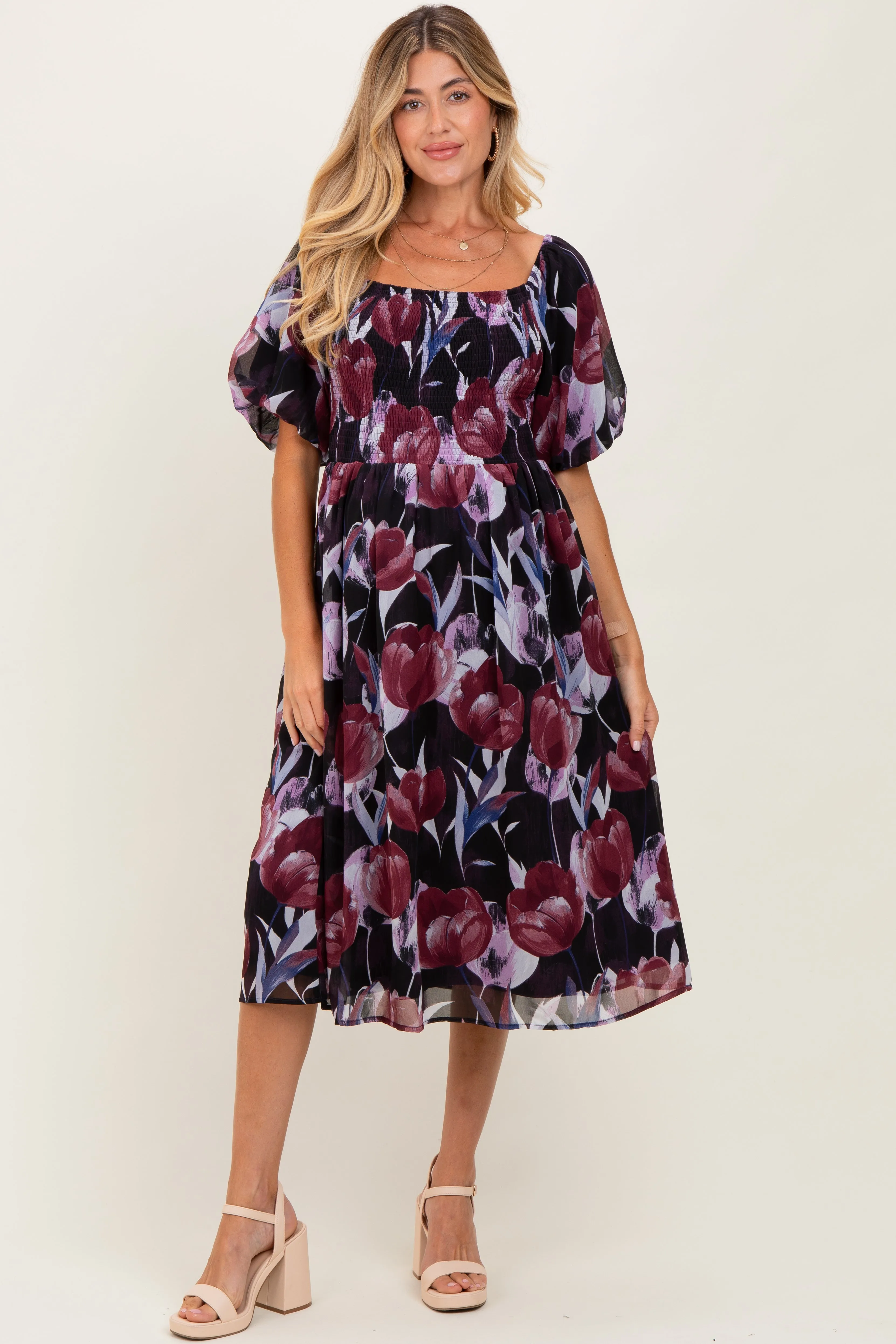 Plum Tulip Floral Smocked Puff Sleeve Maternity Midi Dress sold by Pinkblush product image thumbnail 2