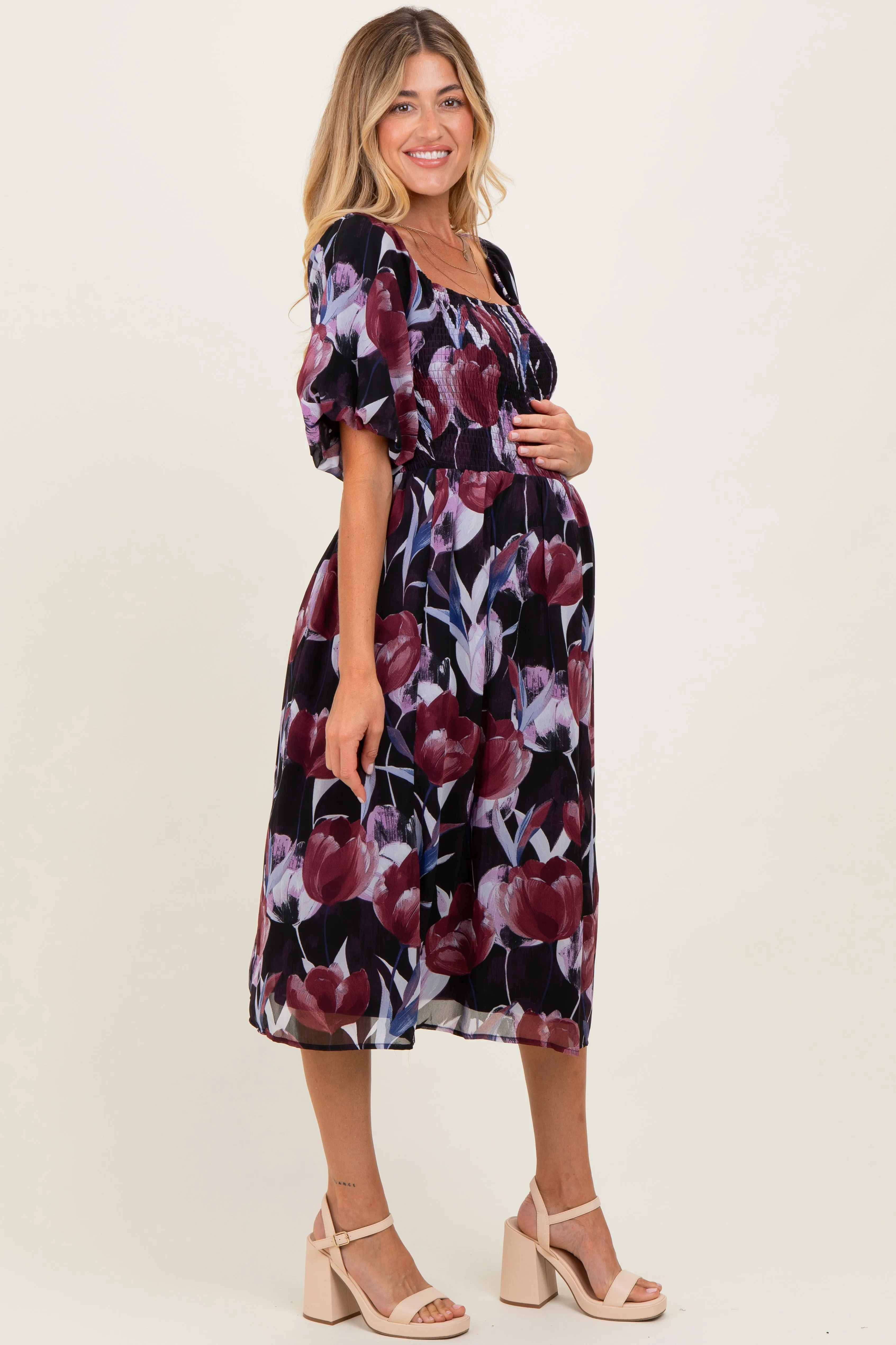 Plum Tulip Floral Smocked Puff Sleeve Maternity Midi Dress sold by Pinkblush product image thumbnail 3