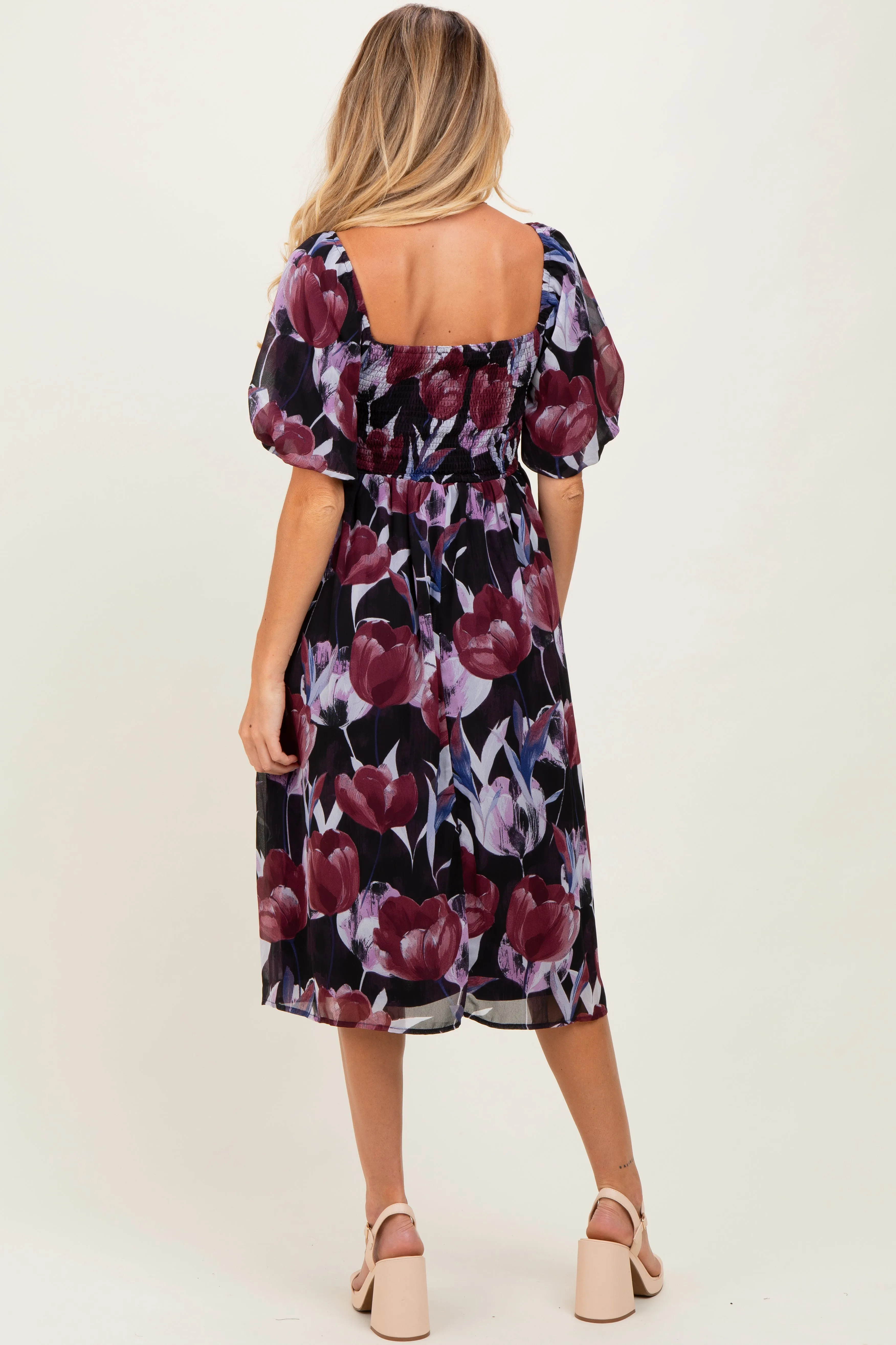 Plum Tulip Floral Smocked Puff Sleeve Maternity Midi Dress sold by Pinkblush product image thumbnail 4