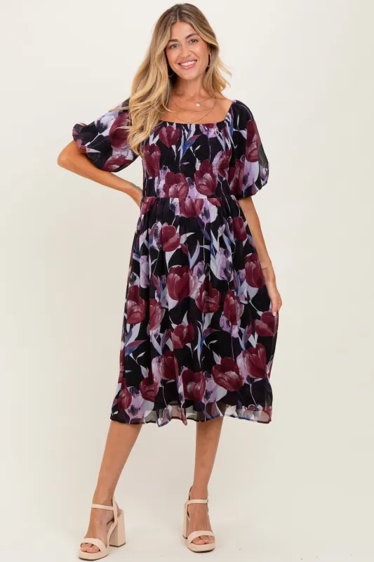 Plum Tulip Floral Smocked Puff Sleeve Maternity Midi Dress sold by Pinkblush