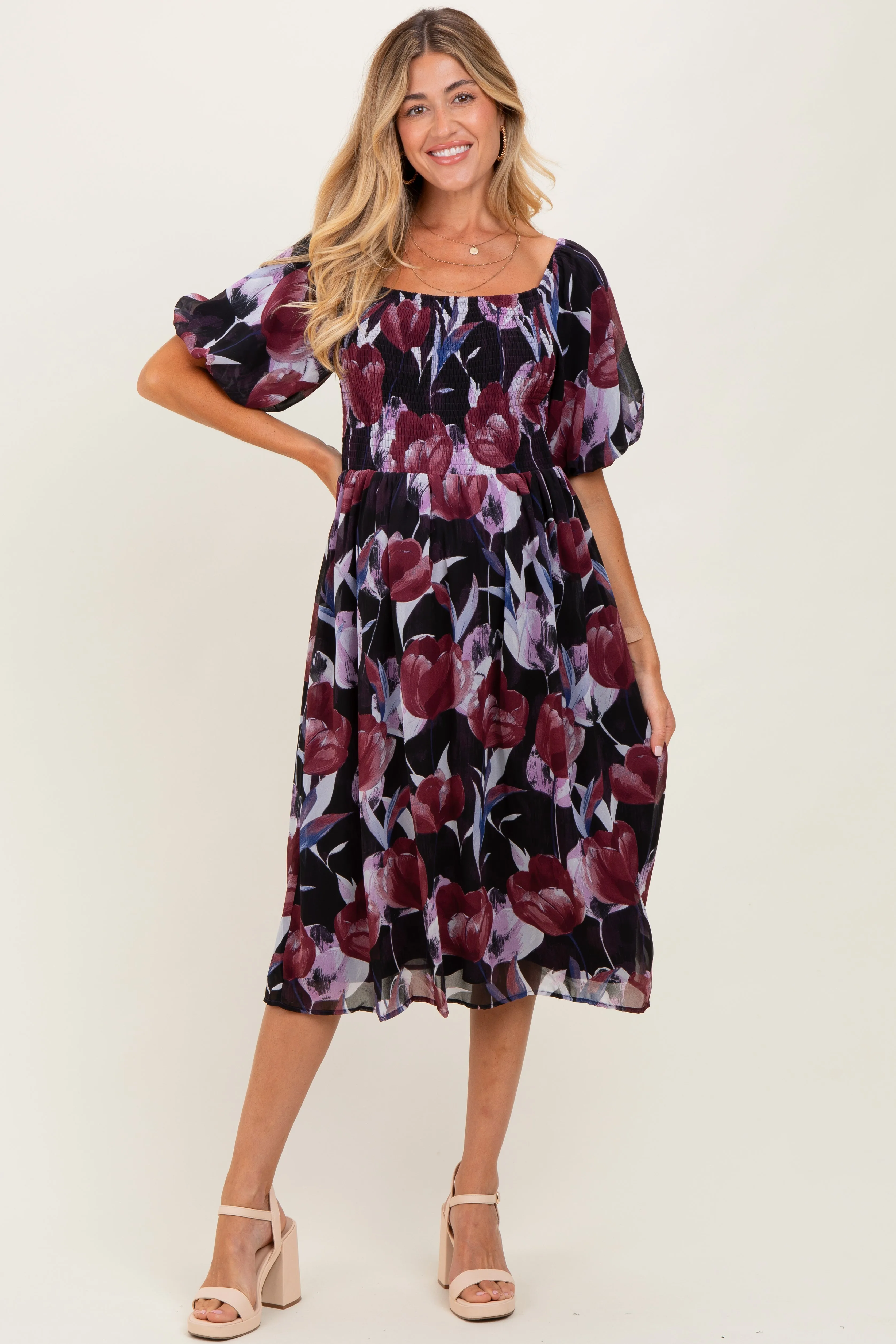 Plum Tulip Floral Smocked Puff Sleeve Maternity Midi Dress sold by Pinkblush