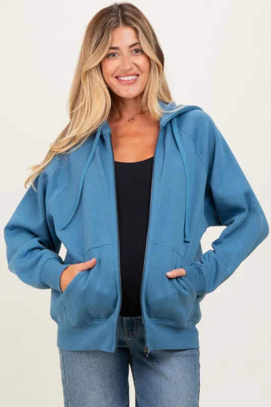 Blue Relaxed Fit Fleece Maternity Zip Hoodie sold by Pinkblush