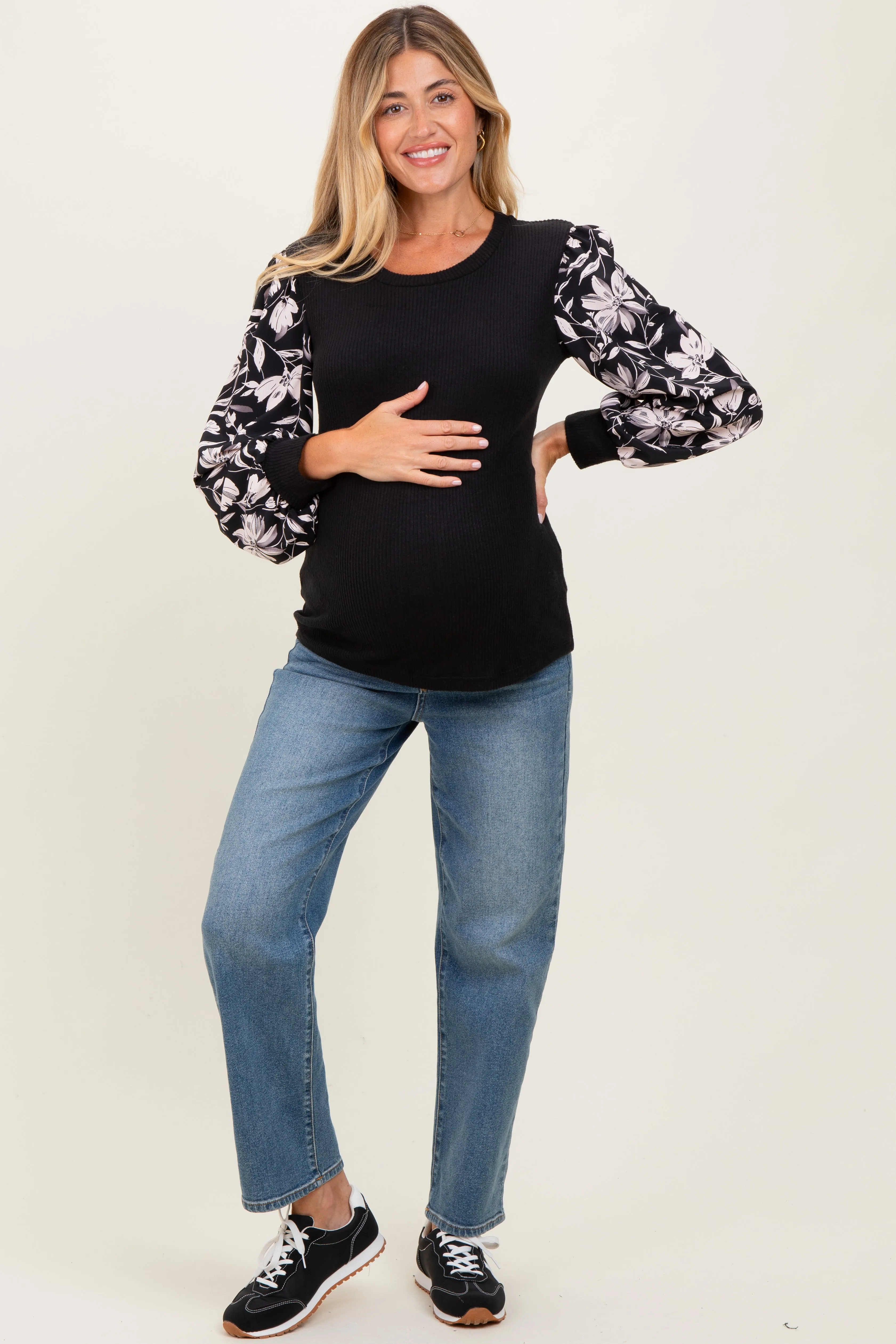 Black Floral Sleeve Ribbed Knit Maternity Top sold by Pinkblush product image thumbnail 2