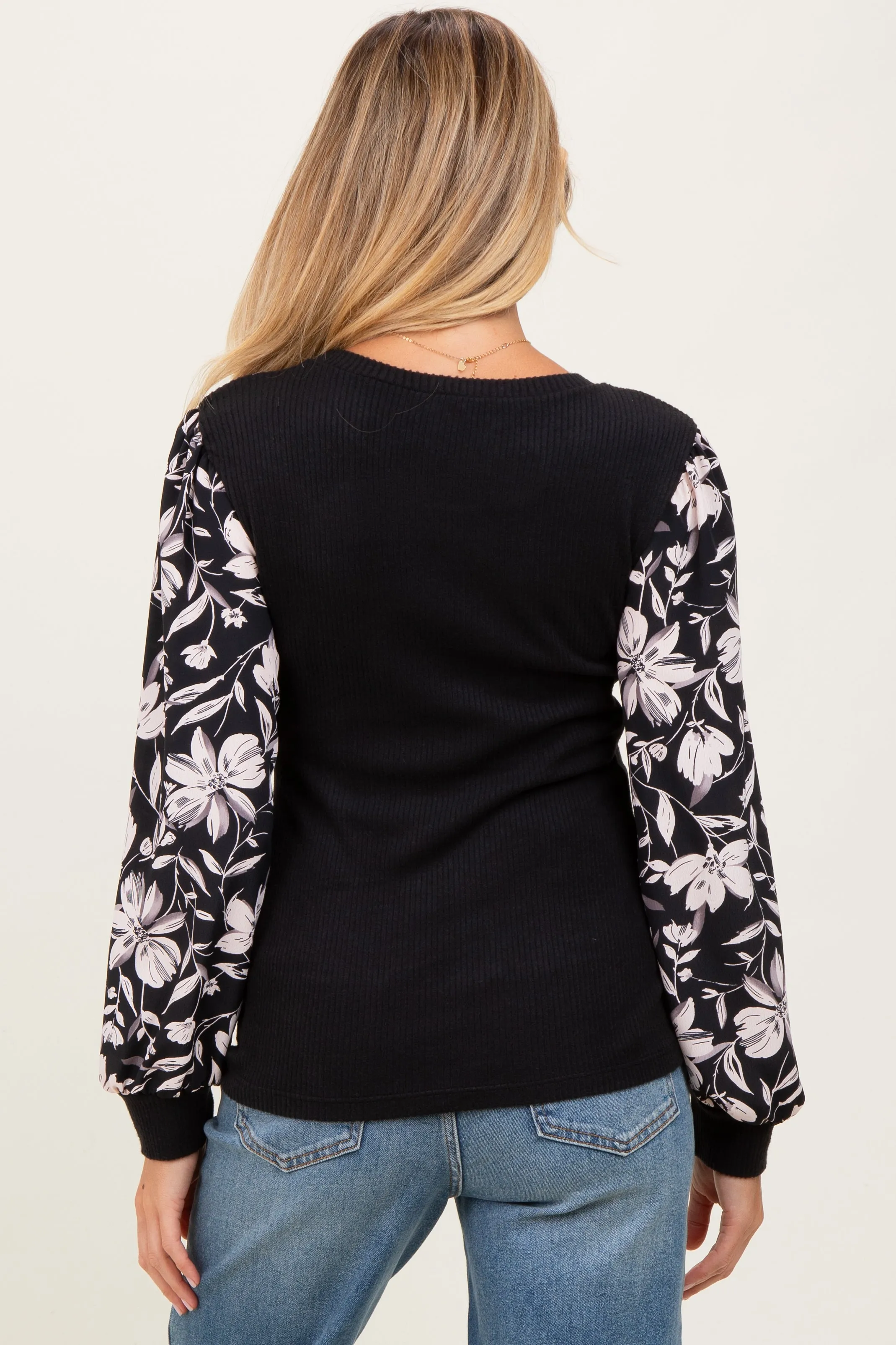Black Floral Sleeve Ribbed Knit Maternity Top sold by Pinkblush product image thumbnail 3