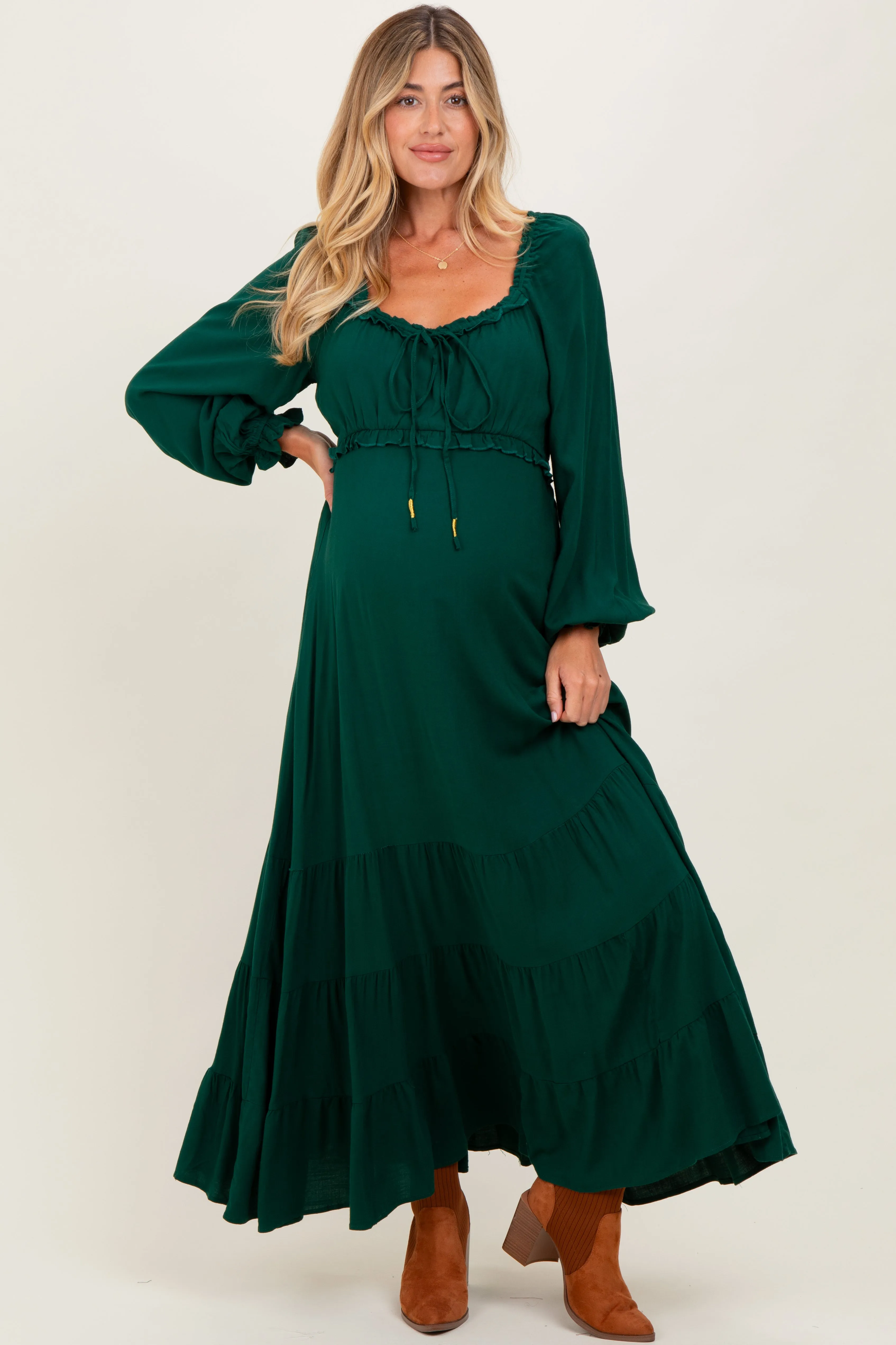 Forest Green Ruffled Fit And Flare Maternity Maxi Dress sold by Pinkblush
