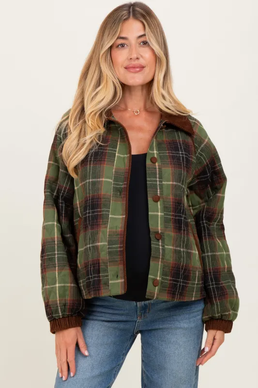 Olive Plaid Quilted Corduroy Contrast Maternity Jacket sold by Pinkblush