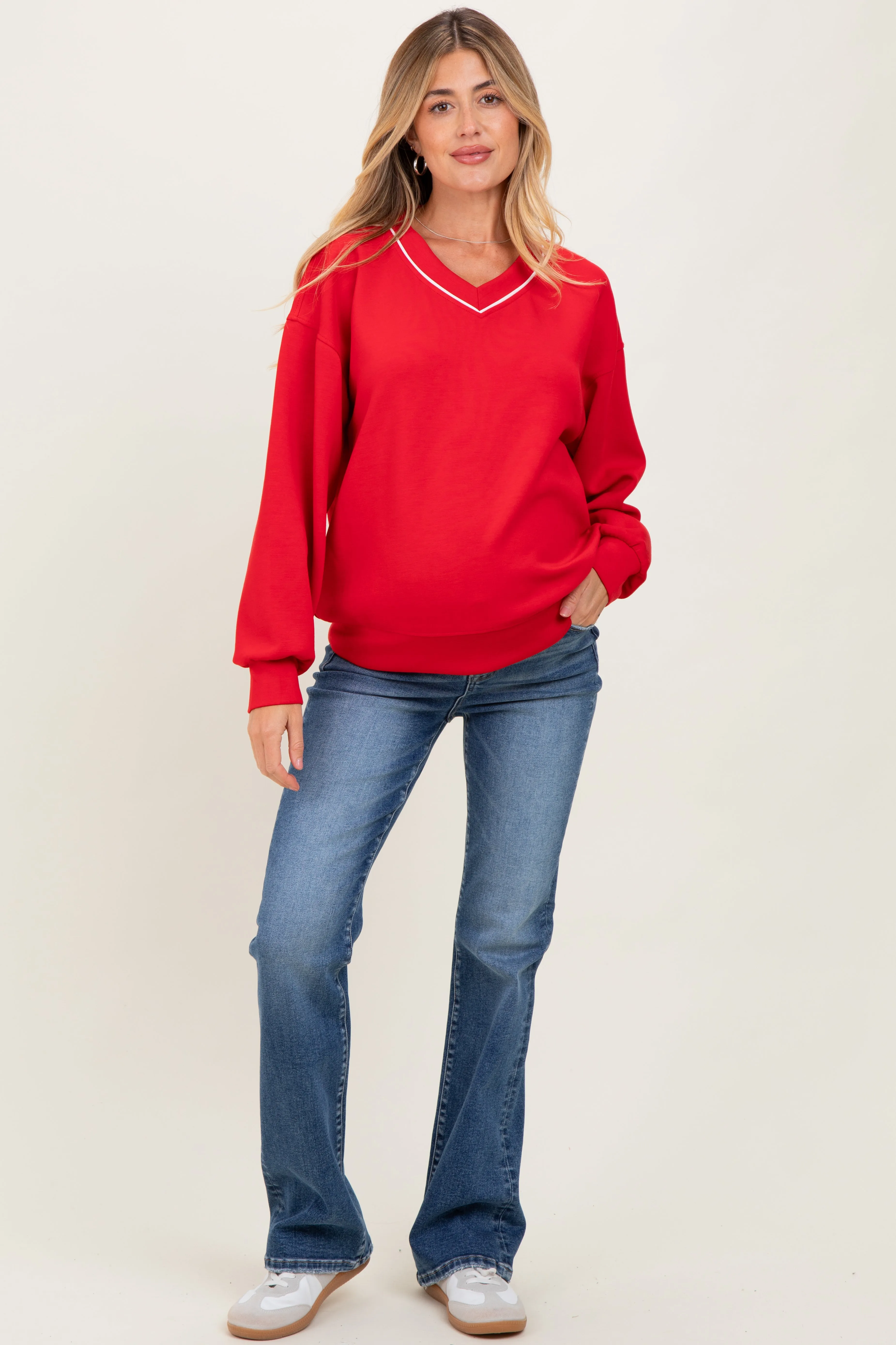 Red V-Neck Maternity Sweatshirt sold by Pinkblush product image thumbnail 2