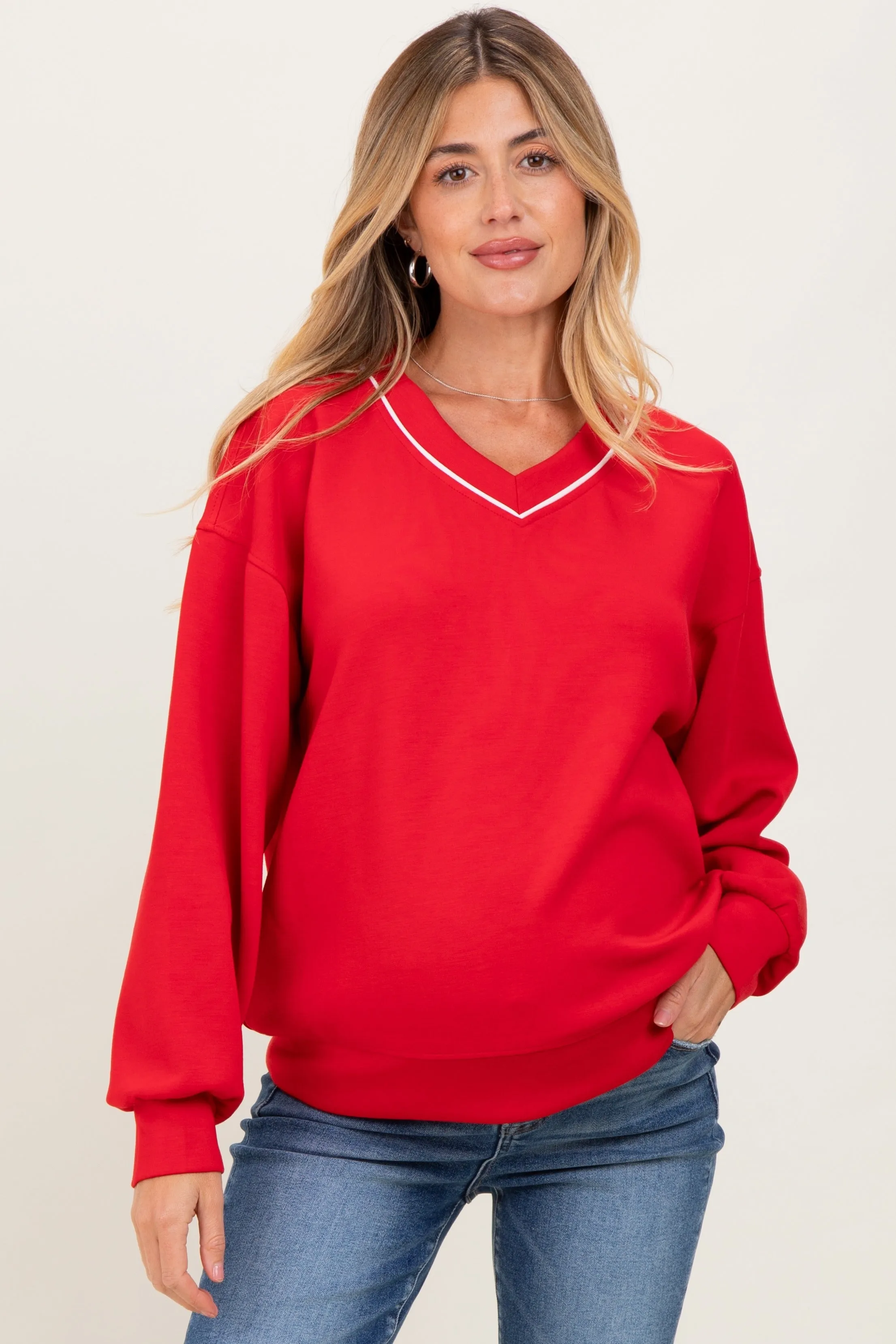 Red V-Neck Maternity Sweatshirt sold by Pinkblush
