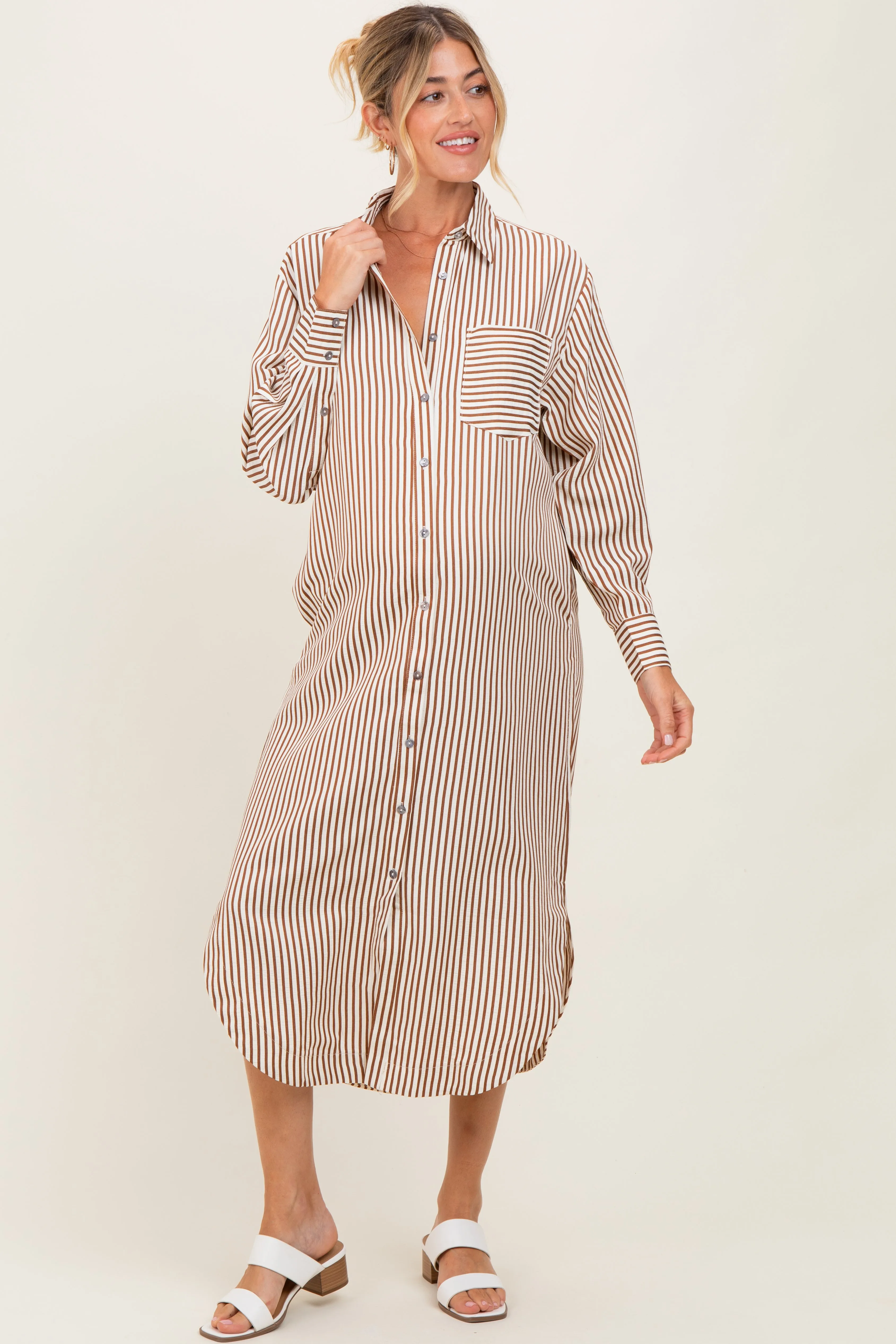 Camel Textured Stripe Button Down Maternity Shirt Dress sold by Pinkblush