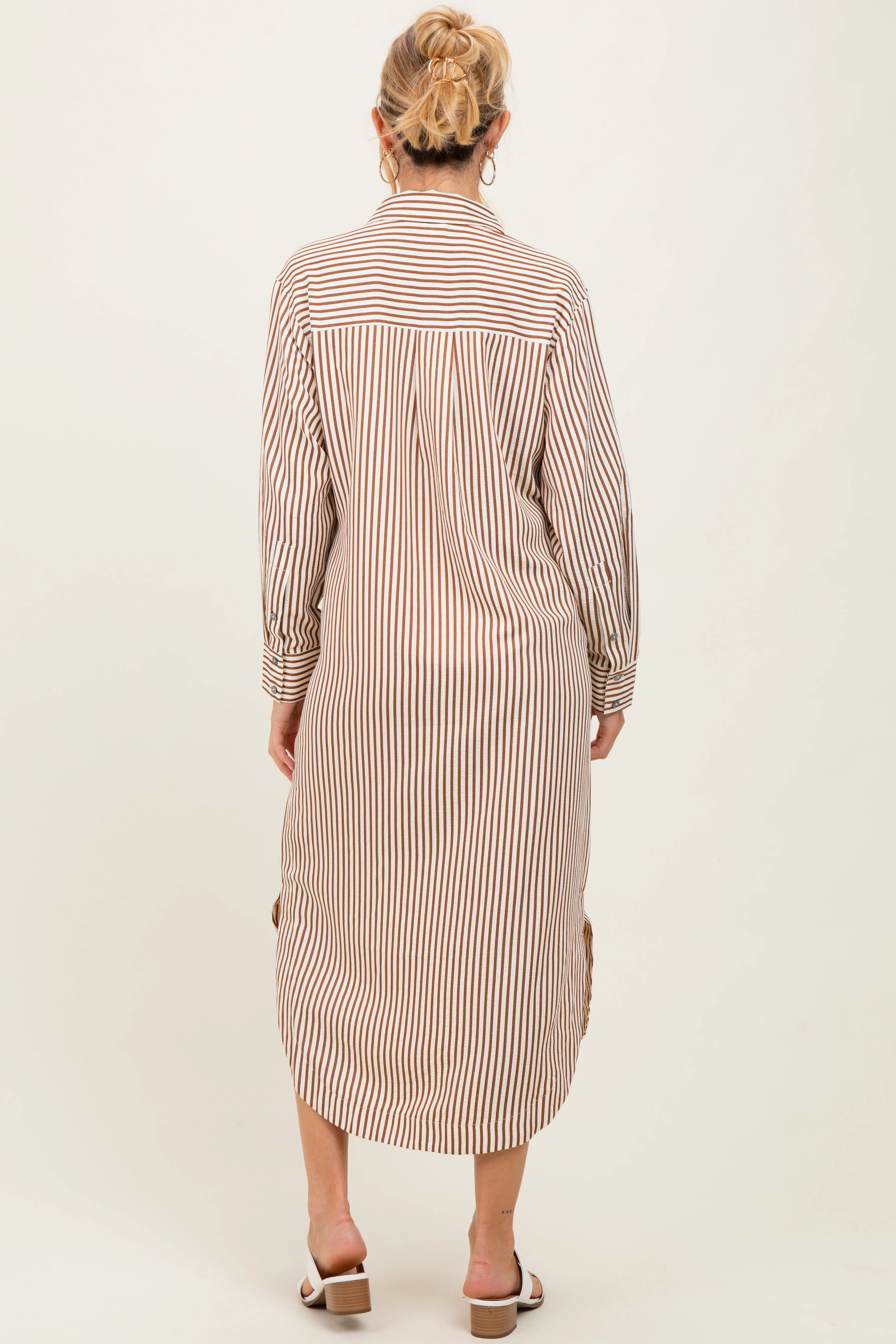 Camel Textured Stripe Button Down Maternity Shirt Dress sold by Pinkblush product image thumbnail 3