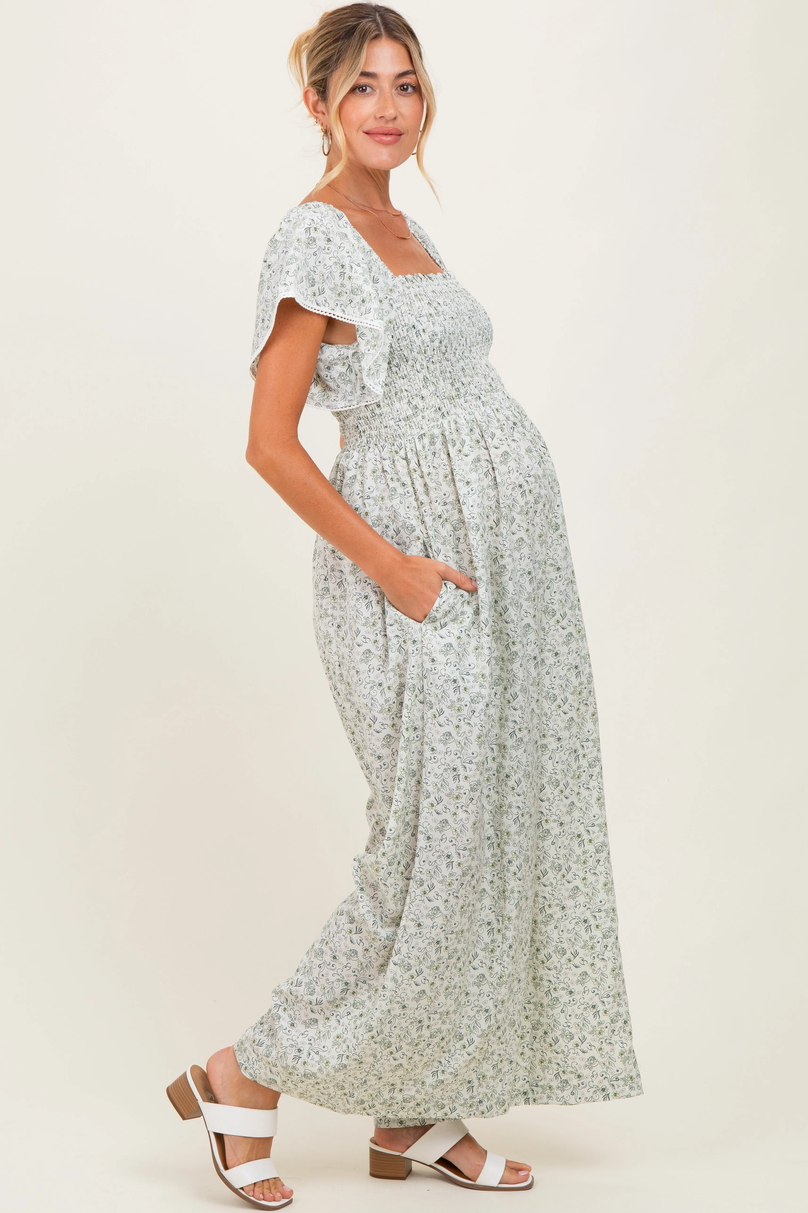 Ivory Floral Smocked Lace Trim Wide Leg Maternity Jumpsuit sold by Pinkblush product image thumbnail 2