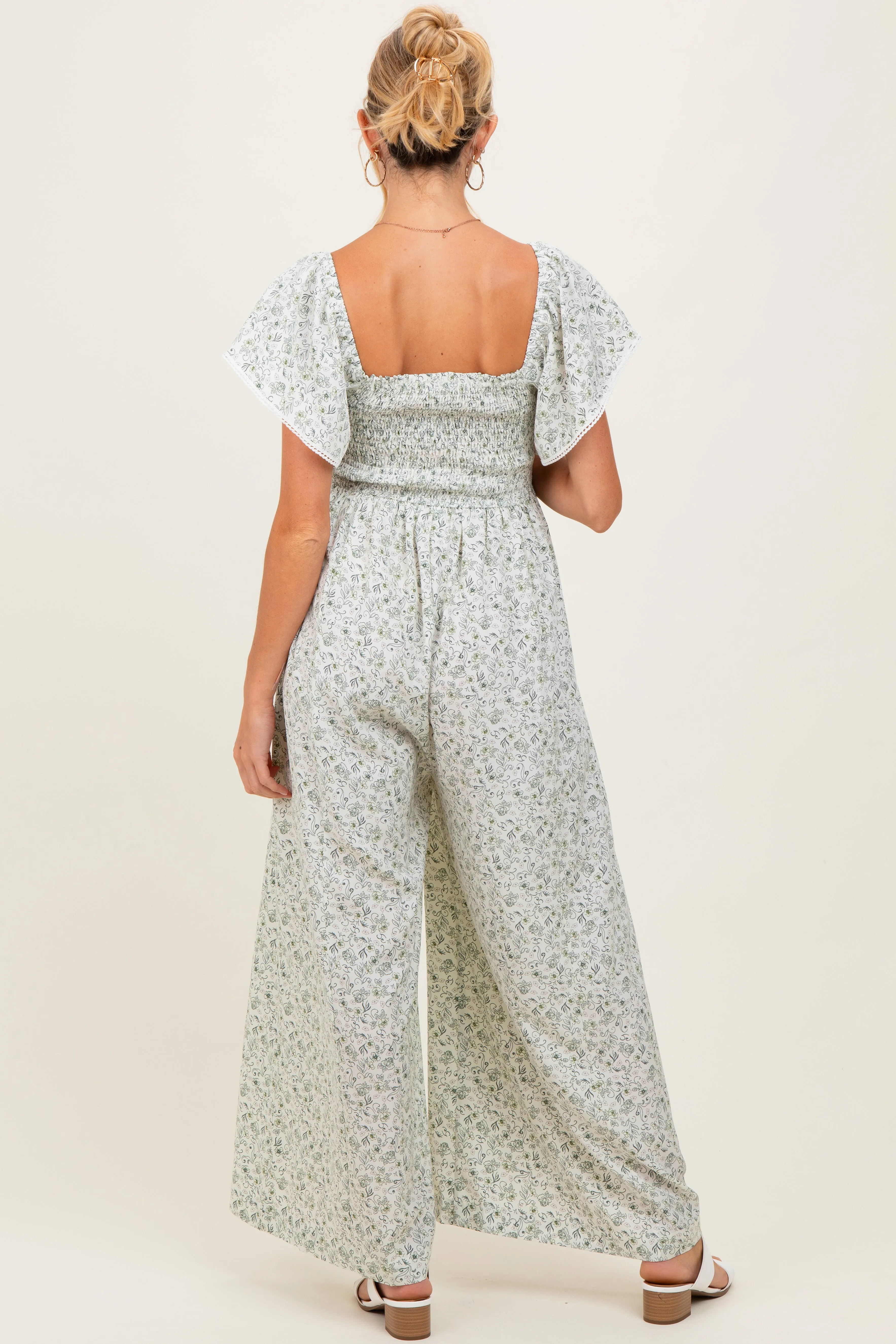 Ivory Floral Smocked Lace Trim Wide Leg Maternity Jumpsuit sold by Pinkblush product image thumbnail 3