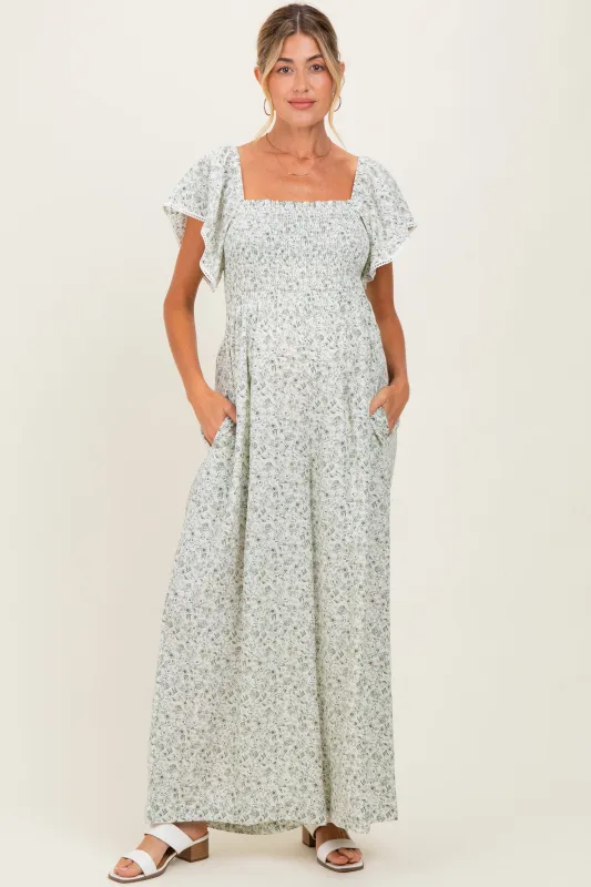 Ivory Floral Smocked Lace Trim Wide Leg Maternity Jumpsuit sold by Pinkblush