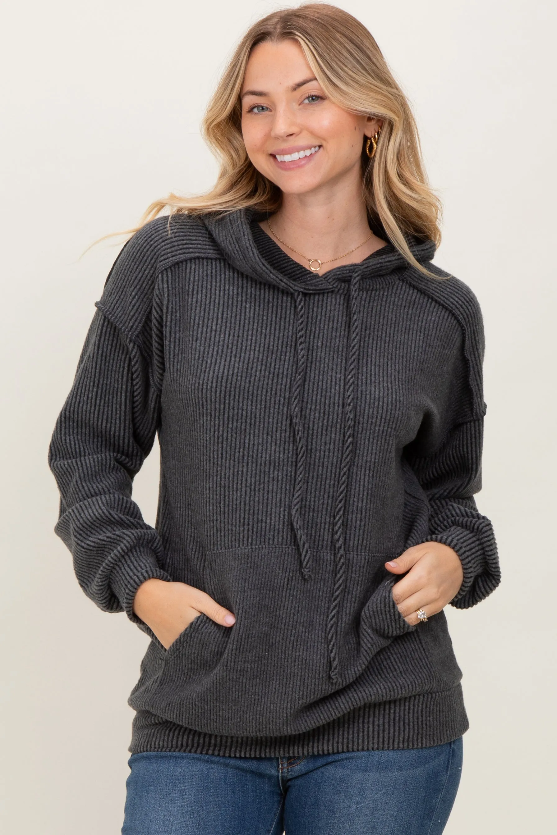 Charcoal Long Sleeve Brushed Urban Rib Maternity Hoodie Top sold by Pinkblush product image thumbnail 5