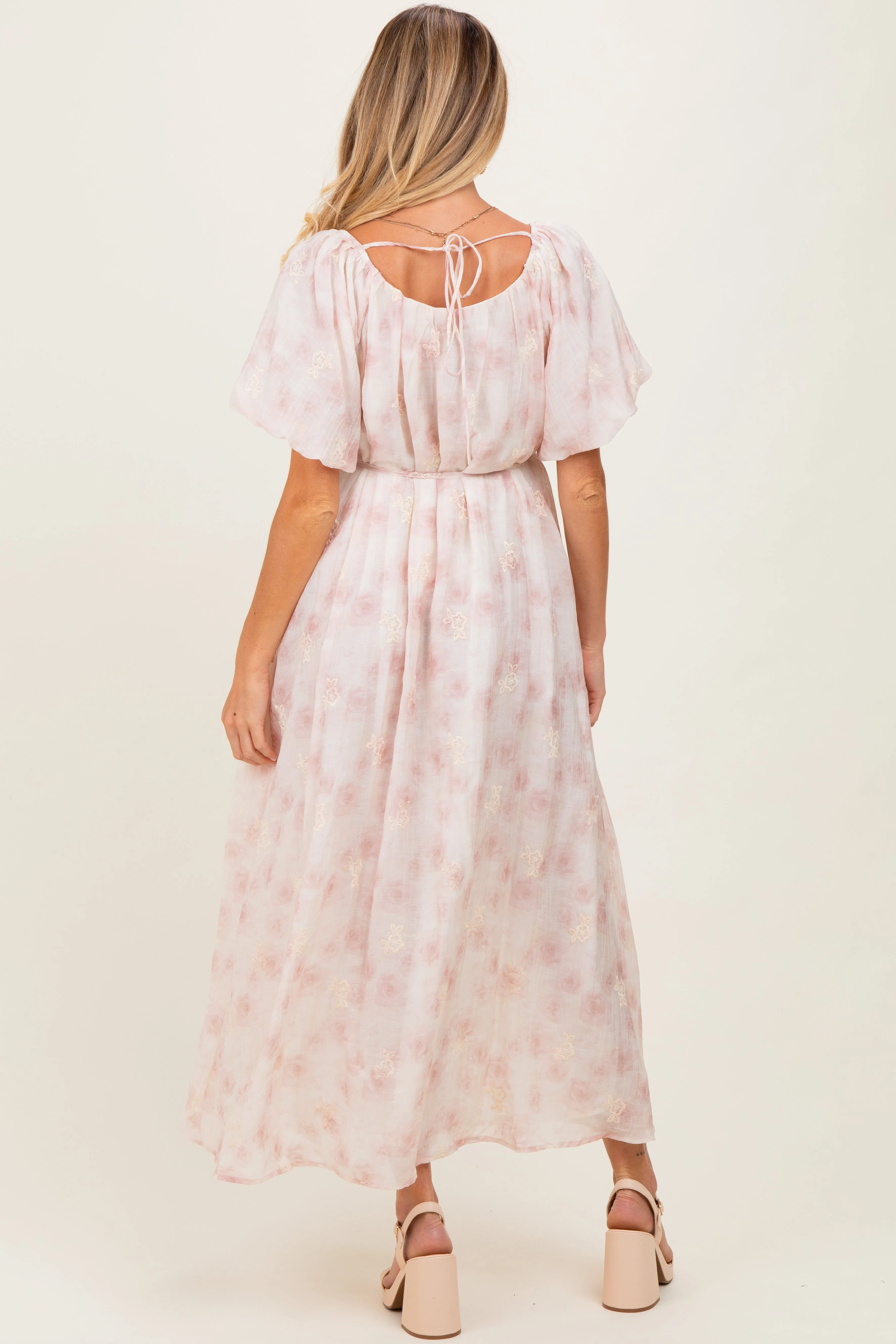 Ivory Floral Embroidered Puffed Sleeve Maternity Midi Dress sold by Pinkblush product image thumbnail 4