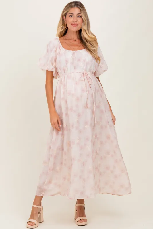 Ivory Floral Embroidered Puffed Sleeve Maternity Midi Dress sold by Pinkblush