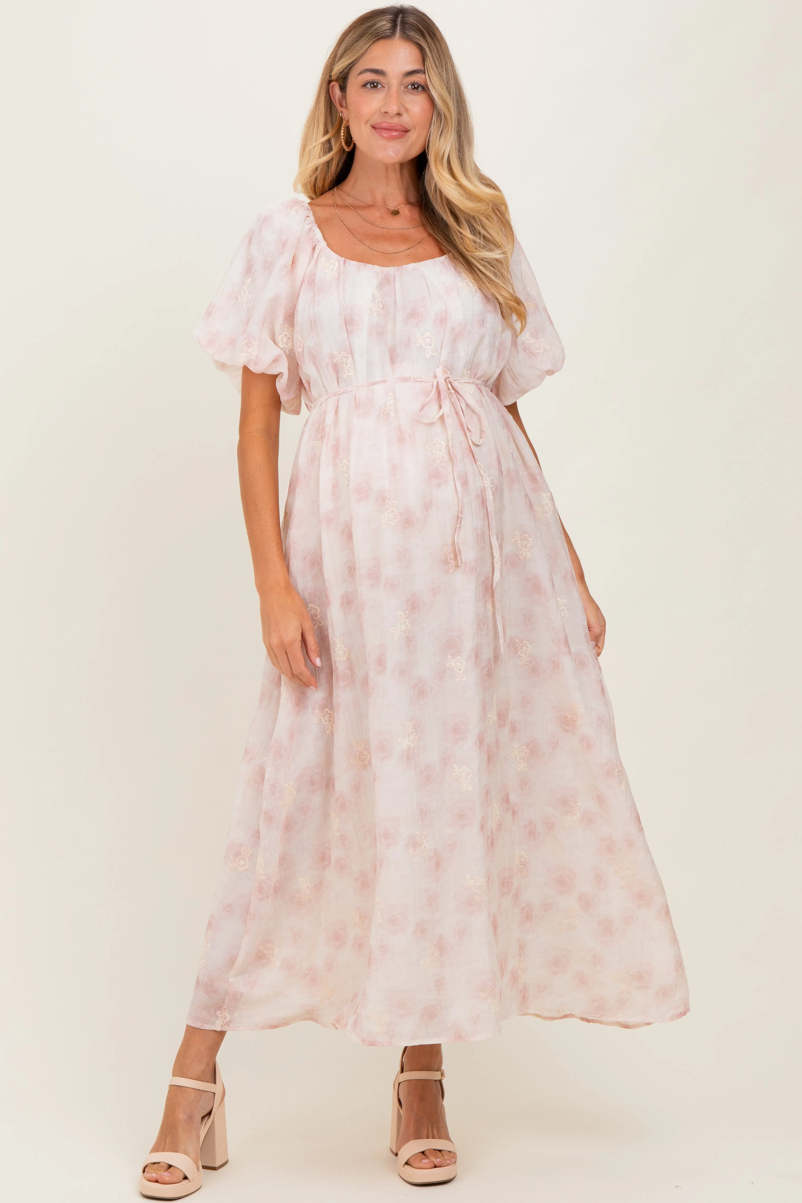 Ivory Floral Embroidered Puffed Sleeve Maternity Midi Dress sold by Pinkblush