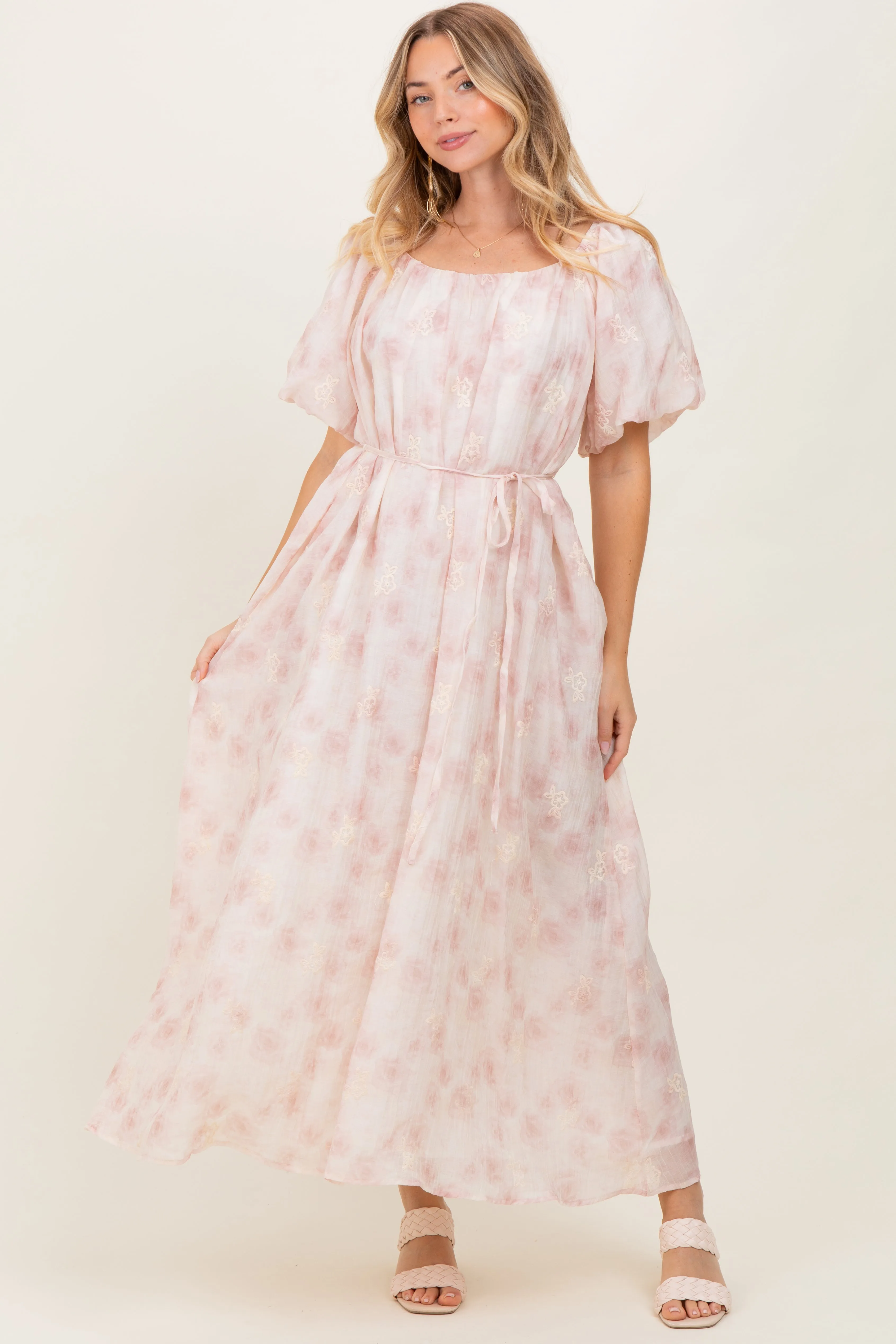 Ivory Floral Embroidered Puffed Sleeve Maternity Midi Dress sold by Pinkblush product image thumbnail 5