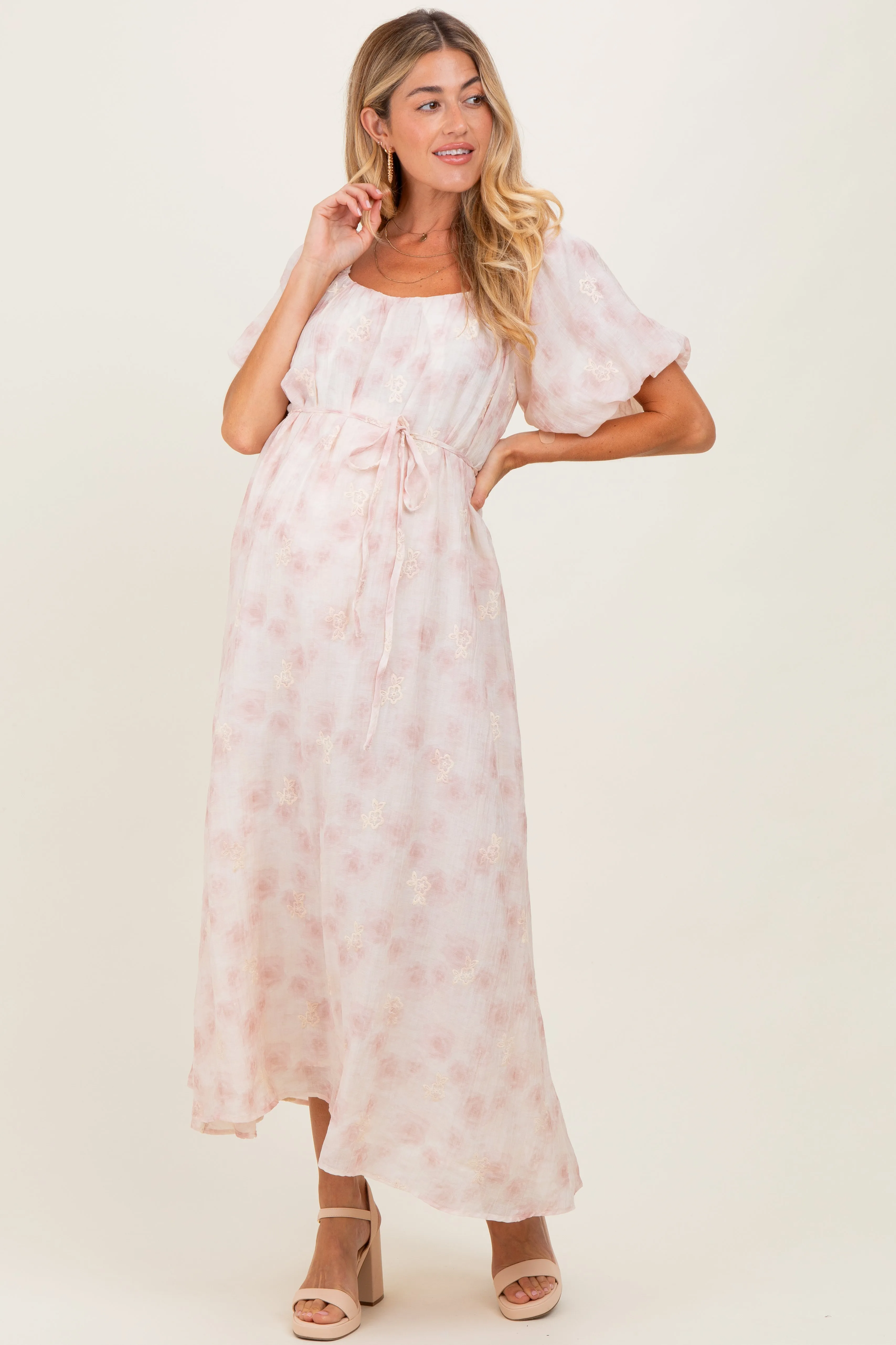 Ivory Floral Embroidered Puffed Sleeve Maternity Midi Dress sold by Pinkblush product image thumbnail 2