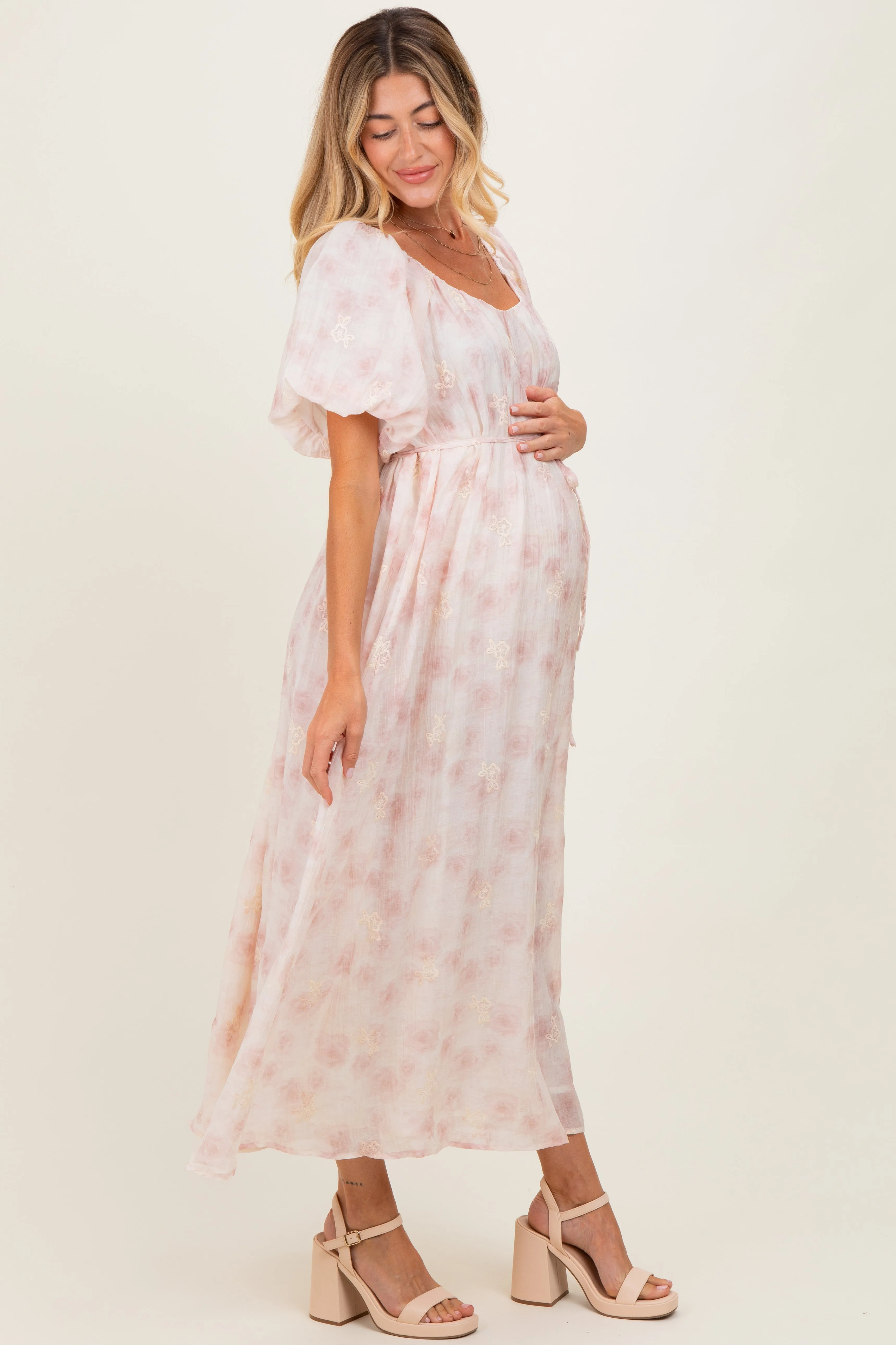 Ivory Floral Embroidered Puffed Sleeve Maternity Midi Dress sold by Pinkblush product image thumbnail 3