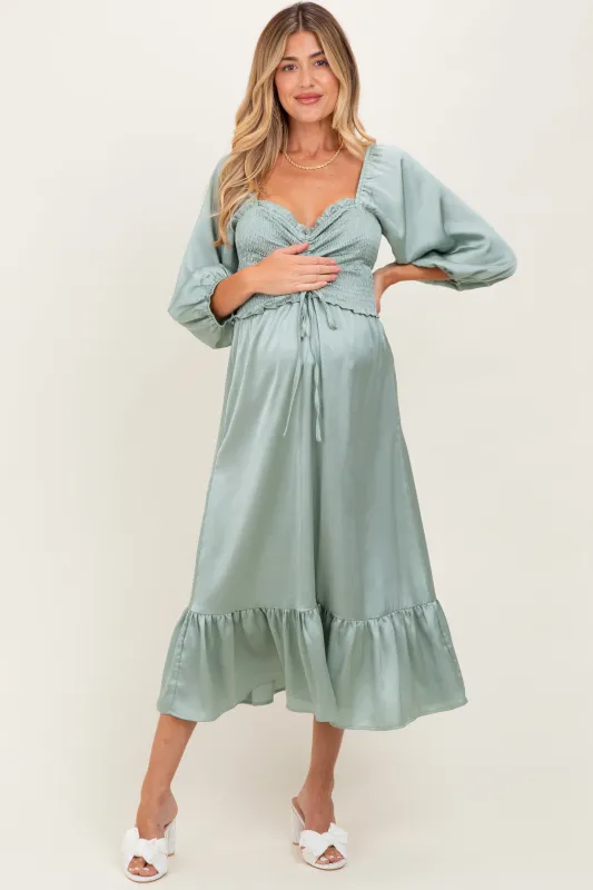 Light Olive Satin Smocked Cinched Bust Maternity Midi Dress sold by Pinkblush