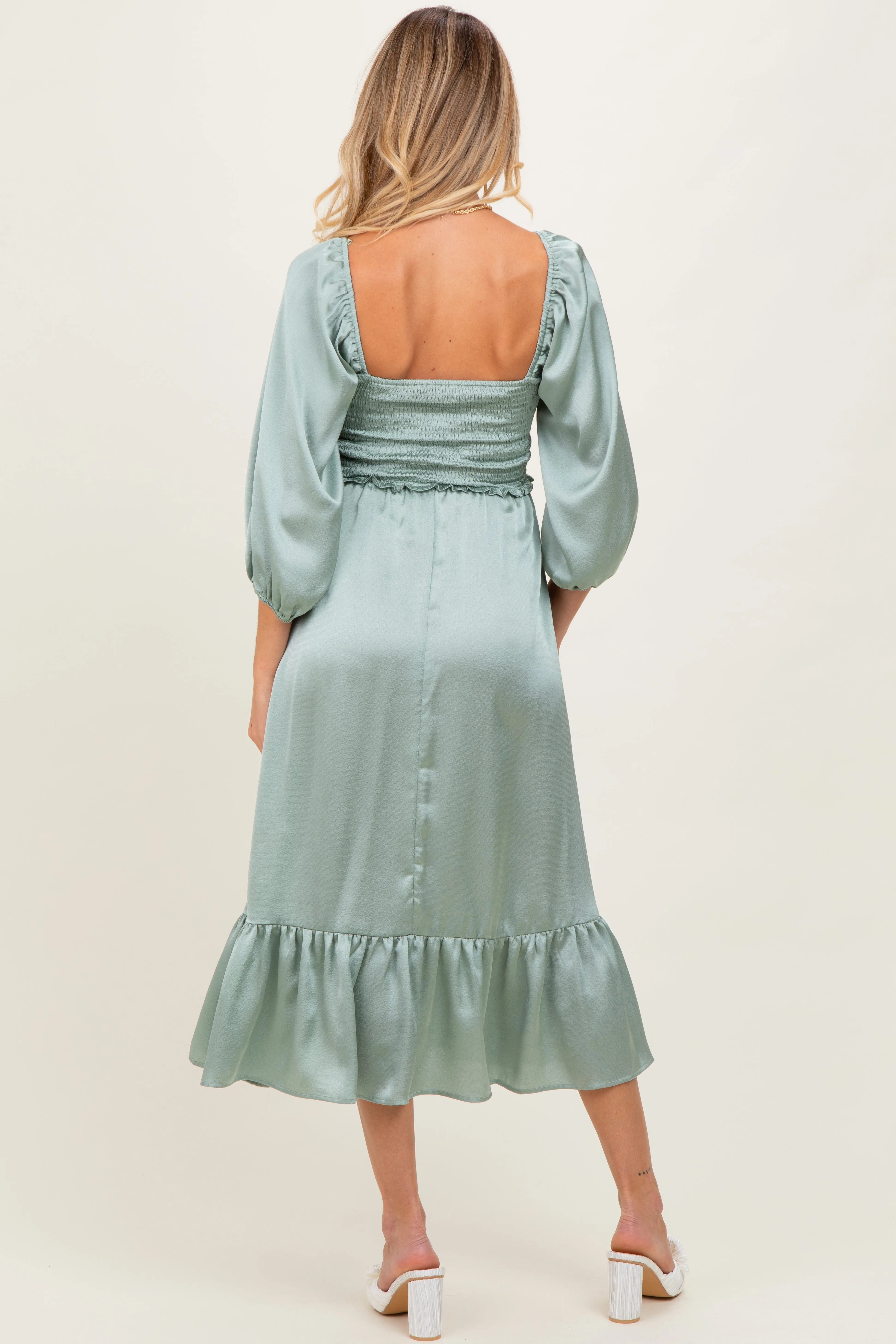 Light Olive Satin Smocked Cinched Bust Maternity Midi Dress sold by Pinkblush product image thumbnail 2